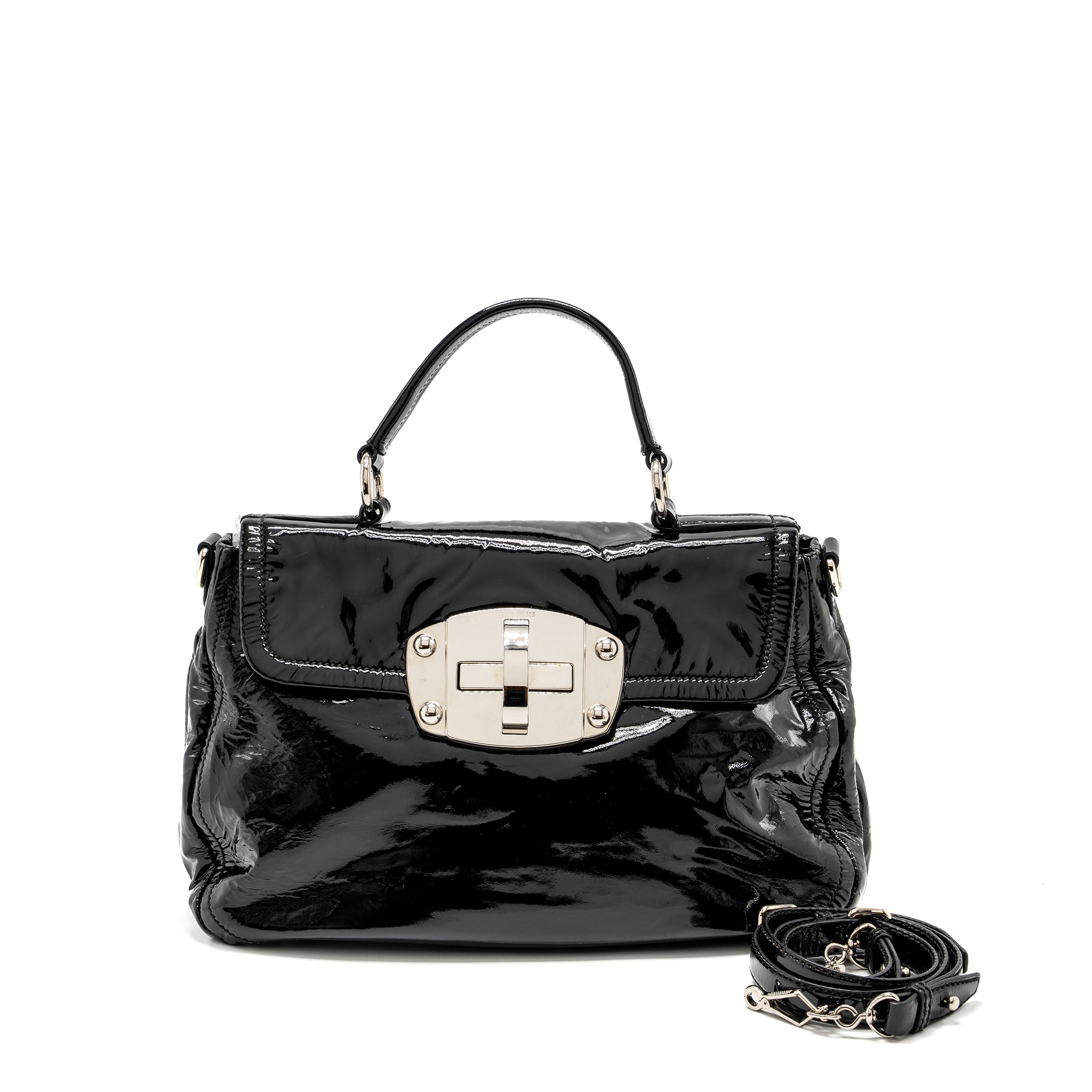 MIU MIU TURNLOCK TOTE BAG PATENT BLACK SHW