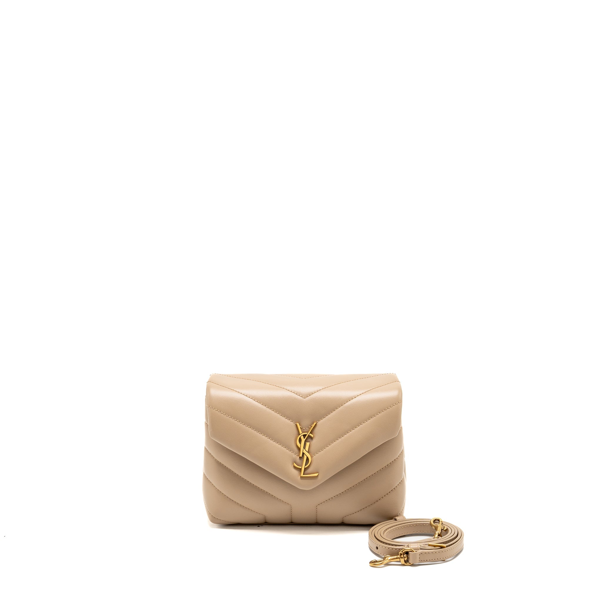 SAINT LAURENT/YSL MINI TOY LOULOU STRAP BAG CALFSKIN DARK BEIGE GHW