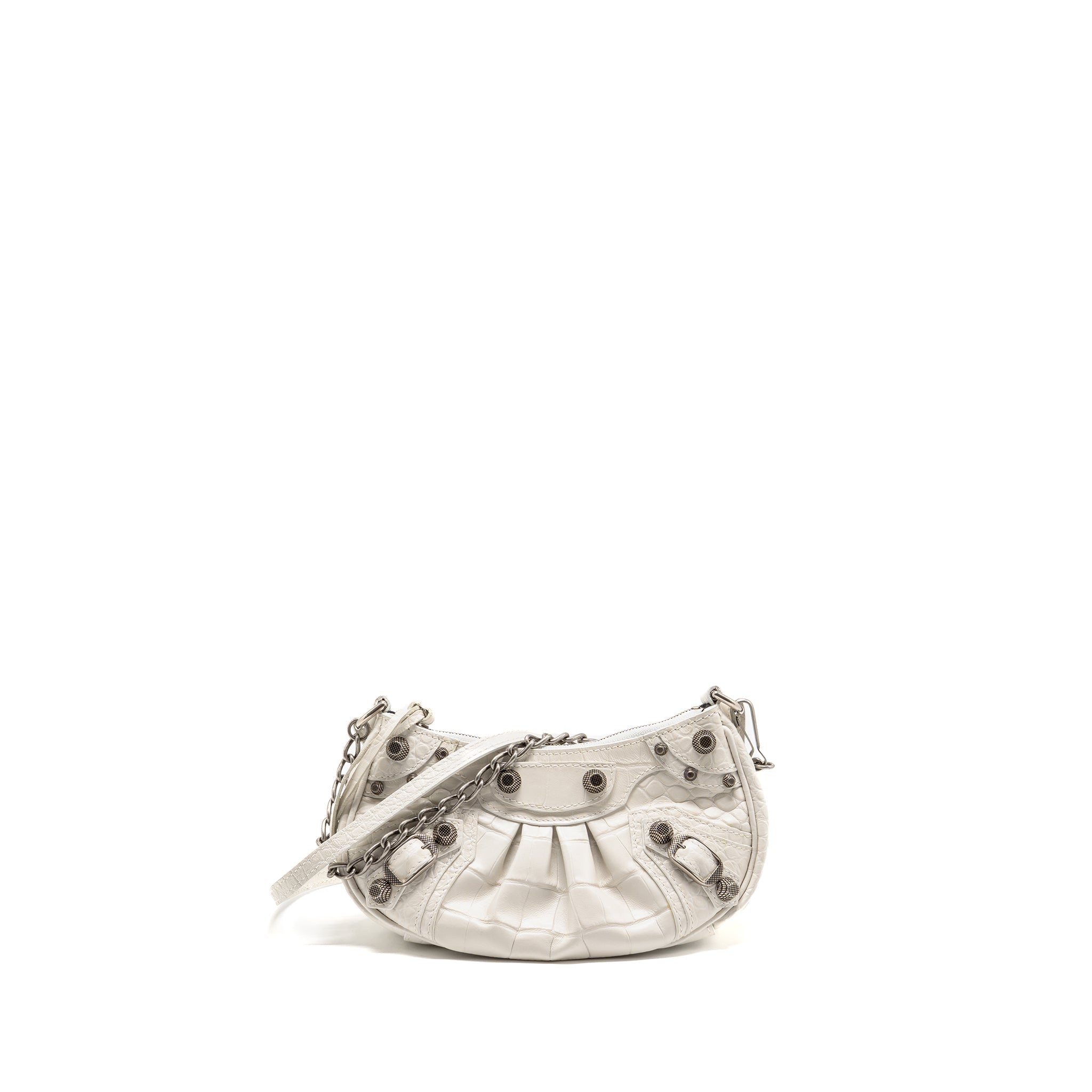 BALENCIAGA MINI LE CAGOLE SHOULDER BAG CROC-EMBOSSED CALFSKIN WHITE SHW