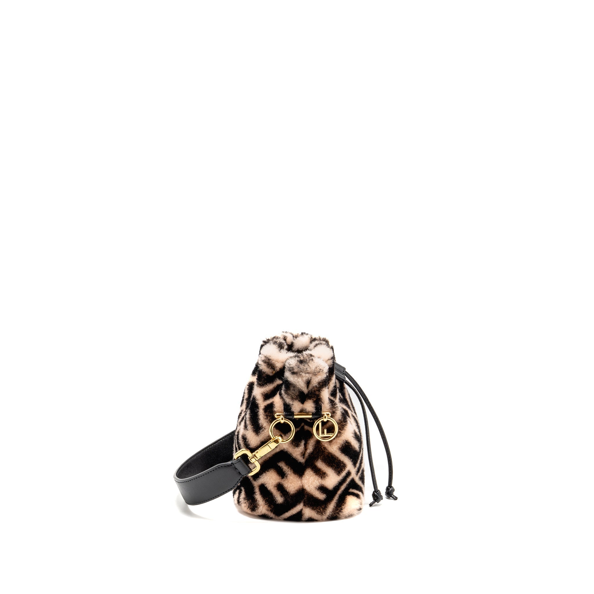 FENDI MON TRESOR BUCKET BAG SHEARLING ZUCCA PINK/BLACK GHW