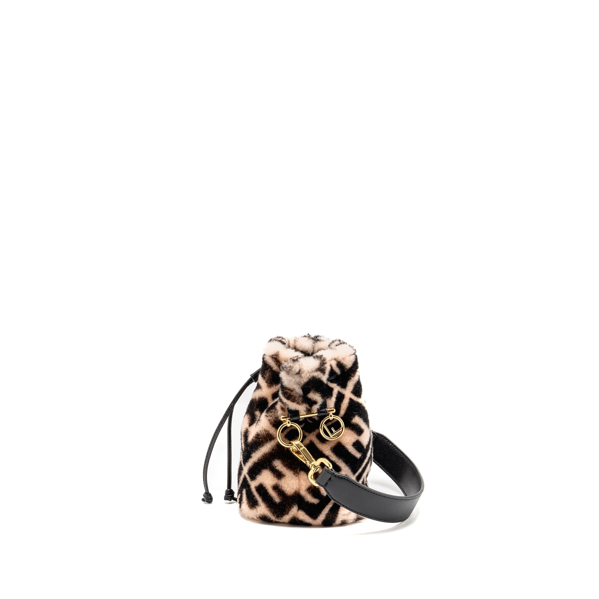 FENDI MON TRESOR BUCKET BAG SHEARLING ZUCCA PINK/BLACK GHW