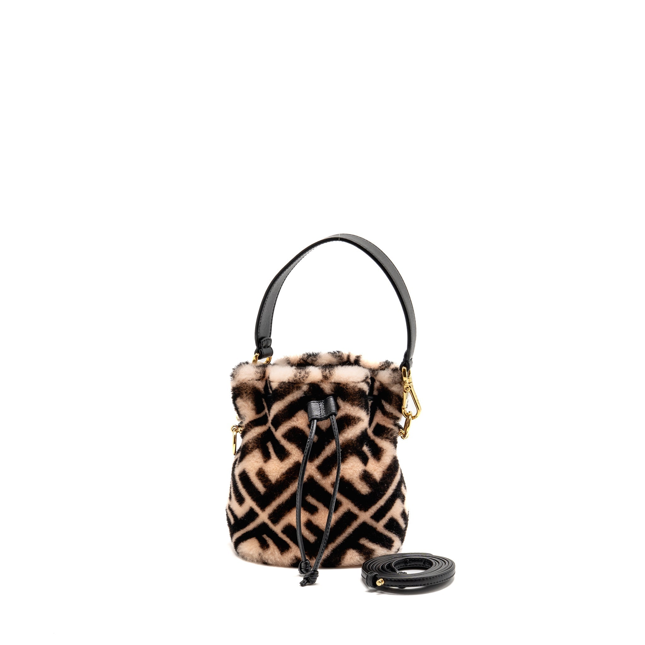 FENDI MON TRESOR BUCKET BAG SHEARLING ZUCCA PINK/BLACK GHW