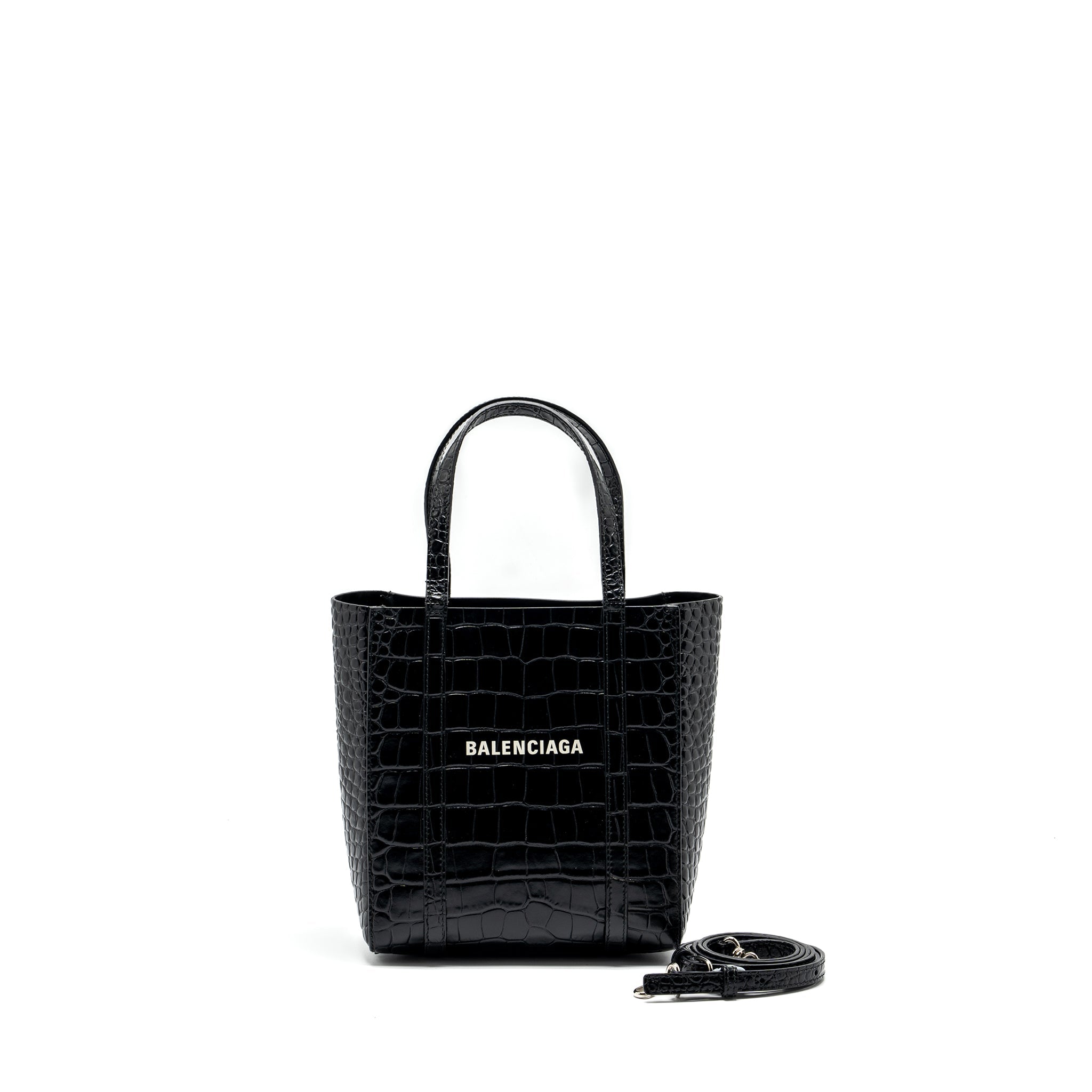 BALENCIAGA XXS EVERYDAY TOTE BAG CROC-EMBOSSED CALFSKIN BLACK SHW