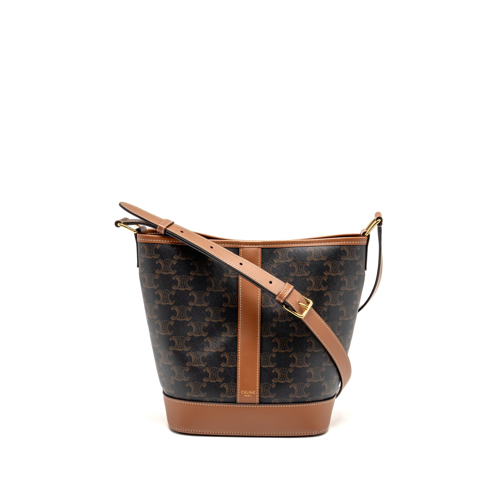 CELINE SMALL BUCKET BAG TRIOMPHE CANVAS / CALFSKIN TAN GHW