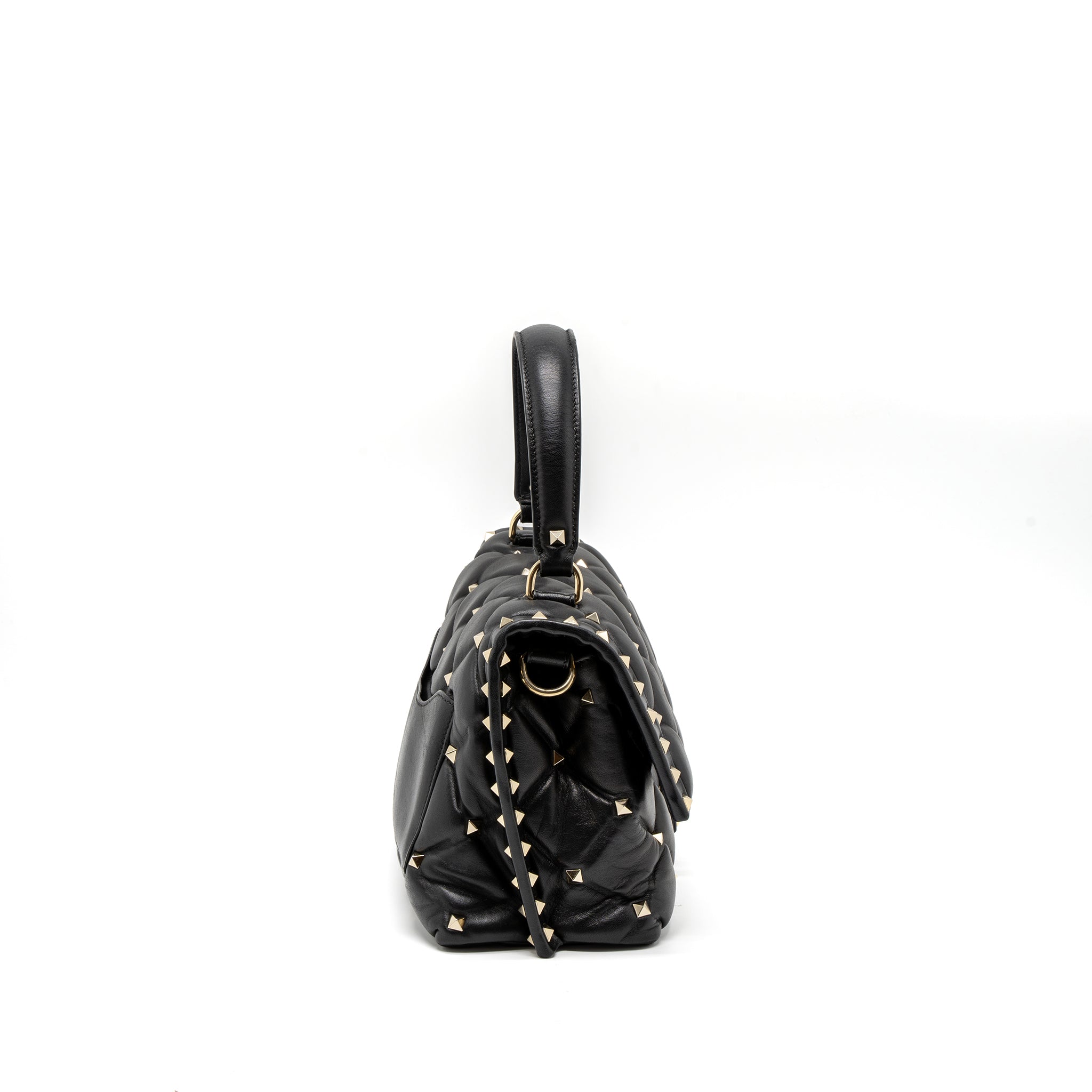 VALENTINO TOP HANDLE QUILTED CANDYSTUD FLAP BAG LAMBSKIN BLACK LGHW