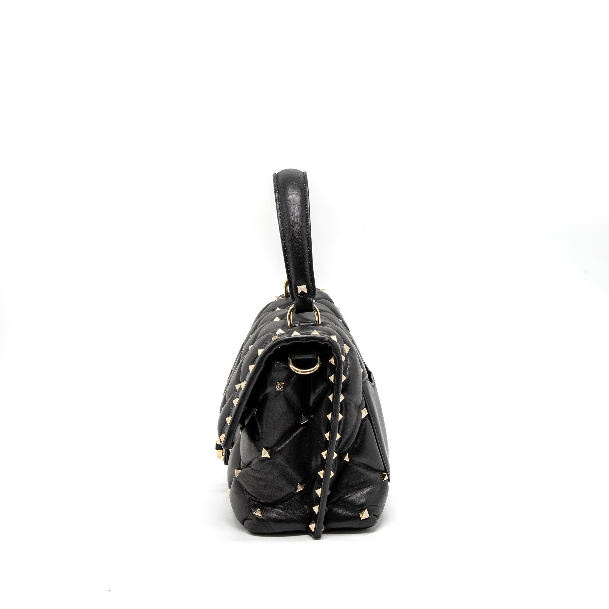 VALENTINO TOP HANDLE QUILTED CANDYSTUD FLAP BAG LAMBSKIN BLACK LGHW