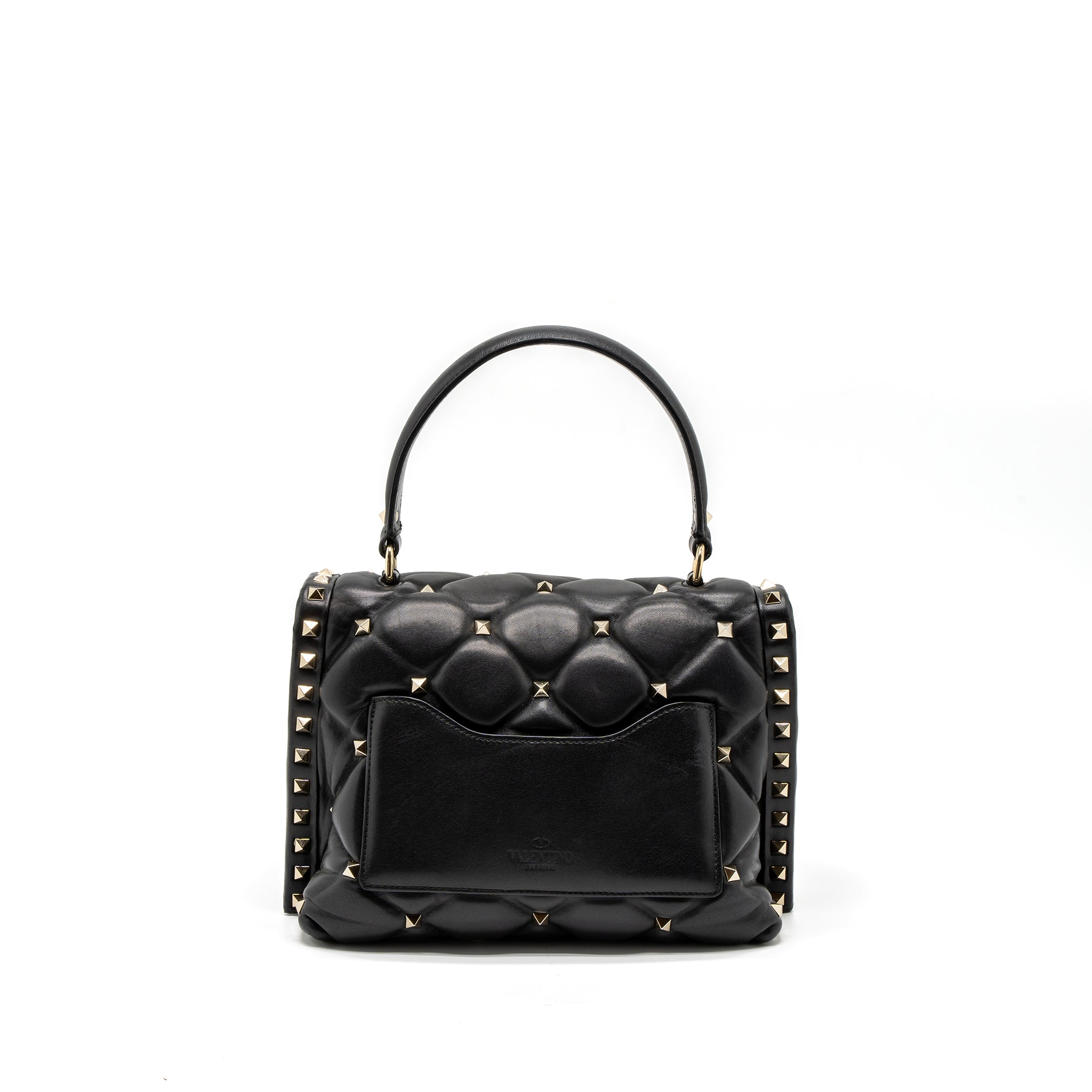 VALENTINO TOP HANDLE QUILTED CANDYSTUD FLAP BAG LAMBSKIN BLACK LGHW