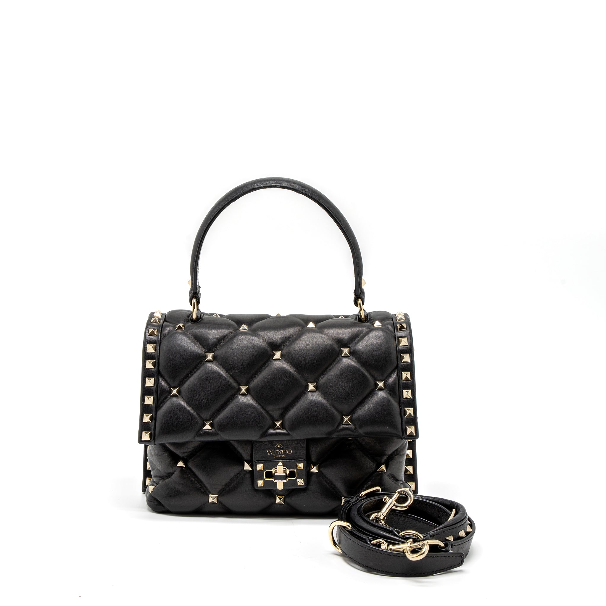 VALENTINO TOP HANDLE QUILTED CANDYSTUD FLAP BAG LAMBSKIN BLACK LGHW