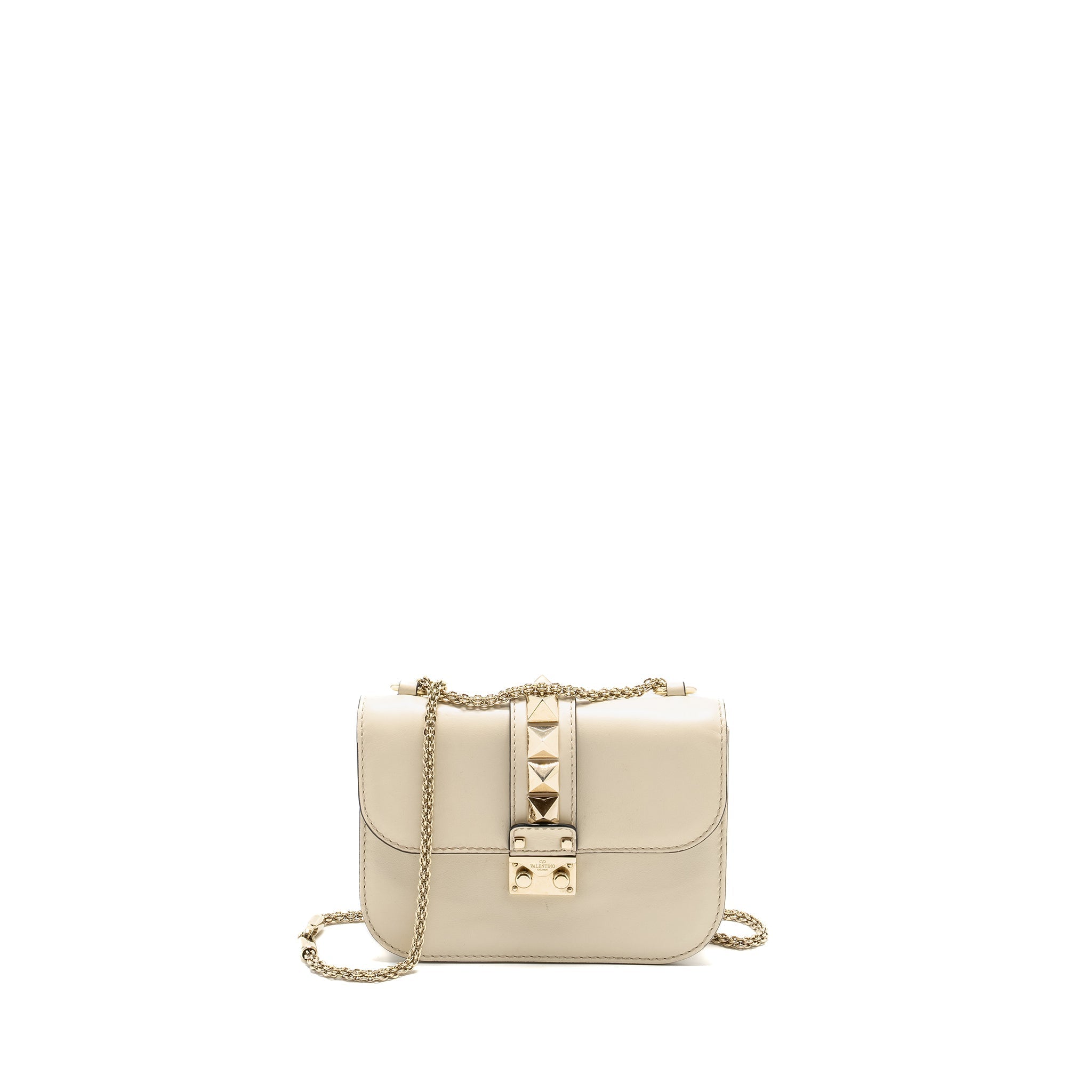VALENTINO GARAVANI ROCKSTUD GLAM LOCK CHAIN BAG LEATHER WHITE LGHW