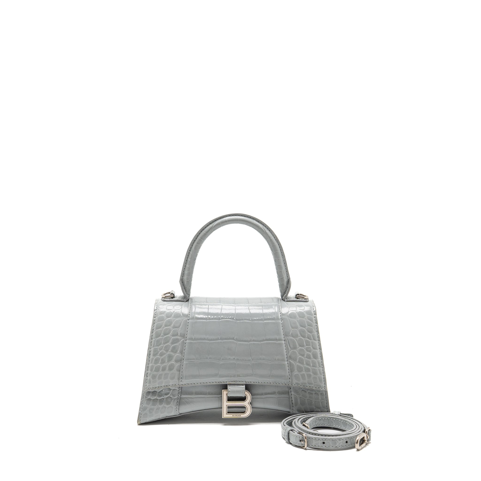 BALENCIAGA SMALL HOURGLASS BAG CROC-EMBOSSED CALFSKIN GREY SHW