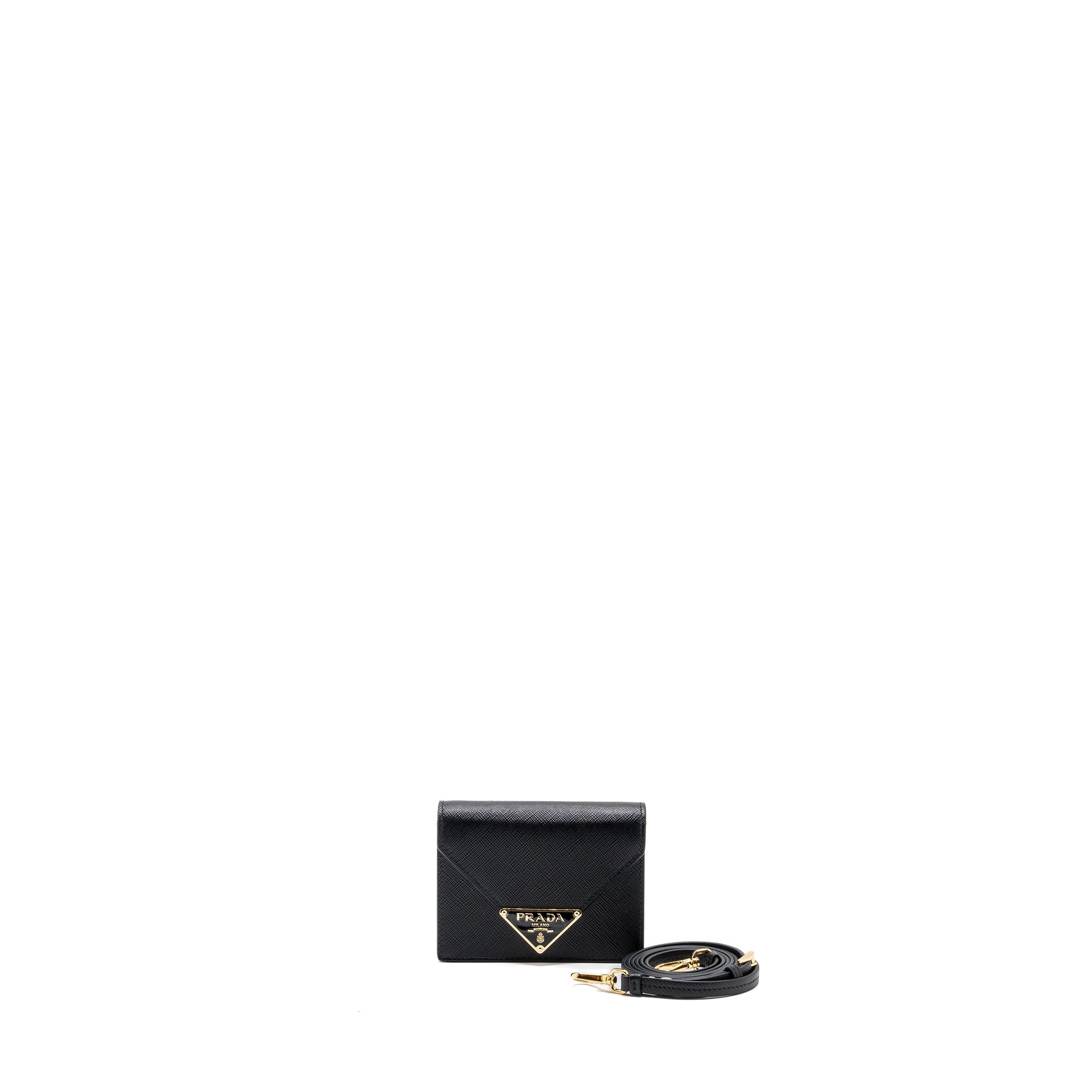 PRADA CARD HOLDER WITH SHOULDER STRAP SAFFIANO LEATHER BLACK GHW