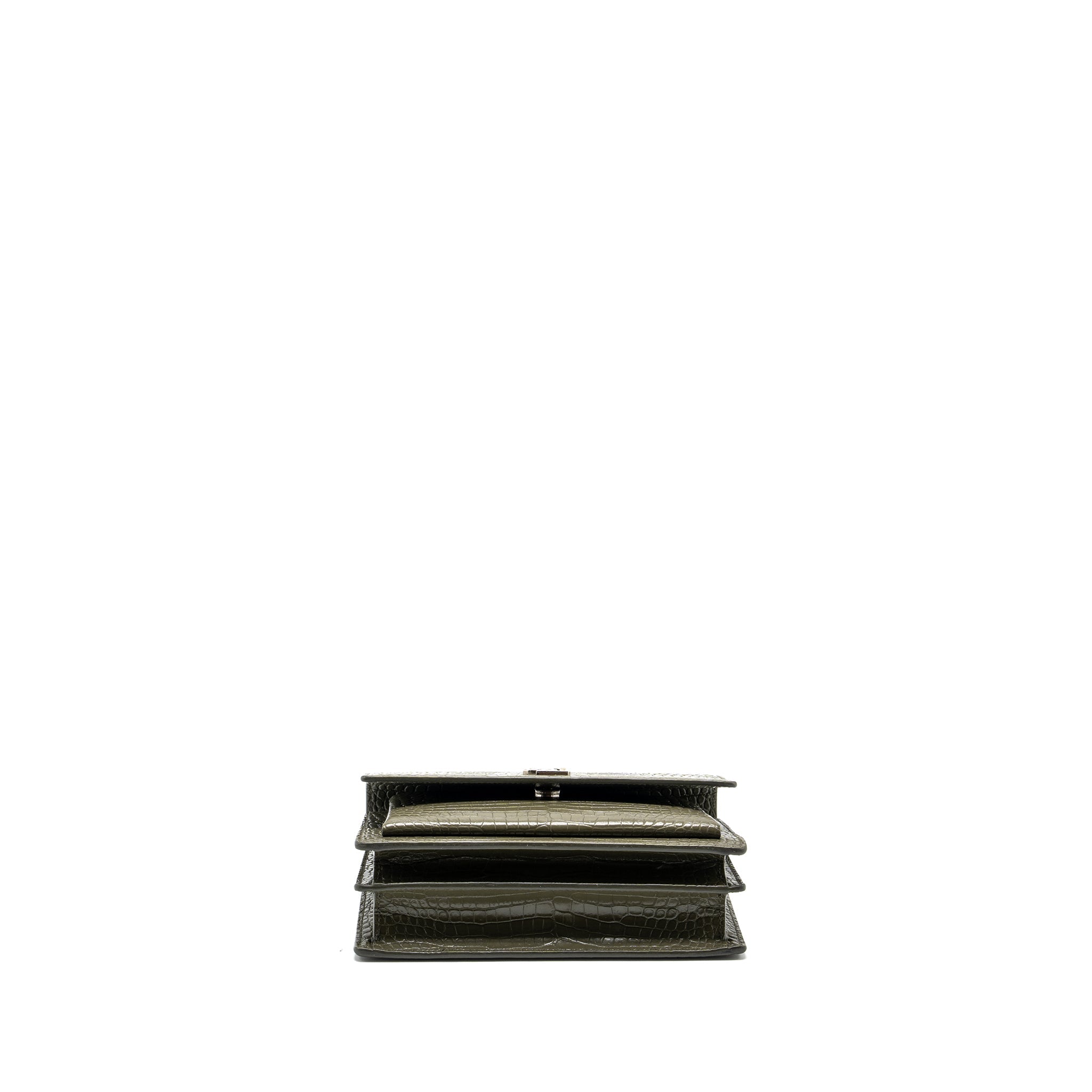 SAINT LAURENT/YSL SUNSET BAG CROC-EMBOSSED CALFSKIN KHAKI SHW