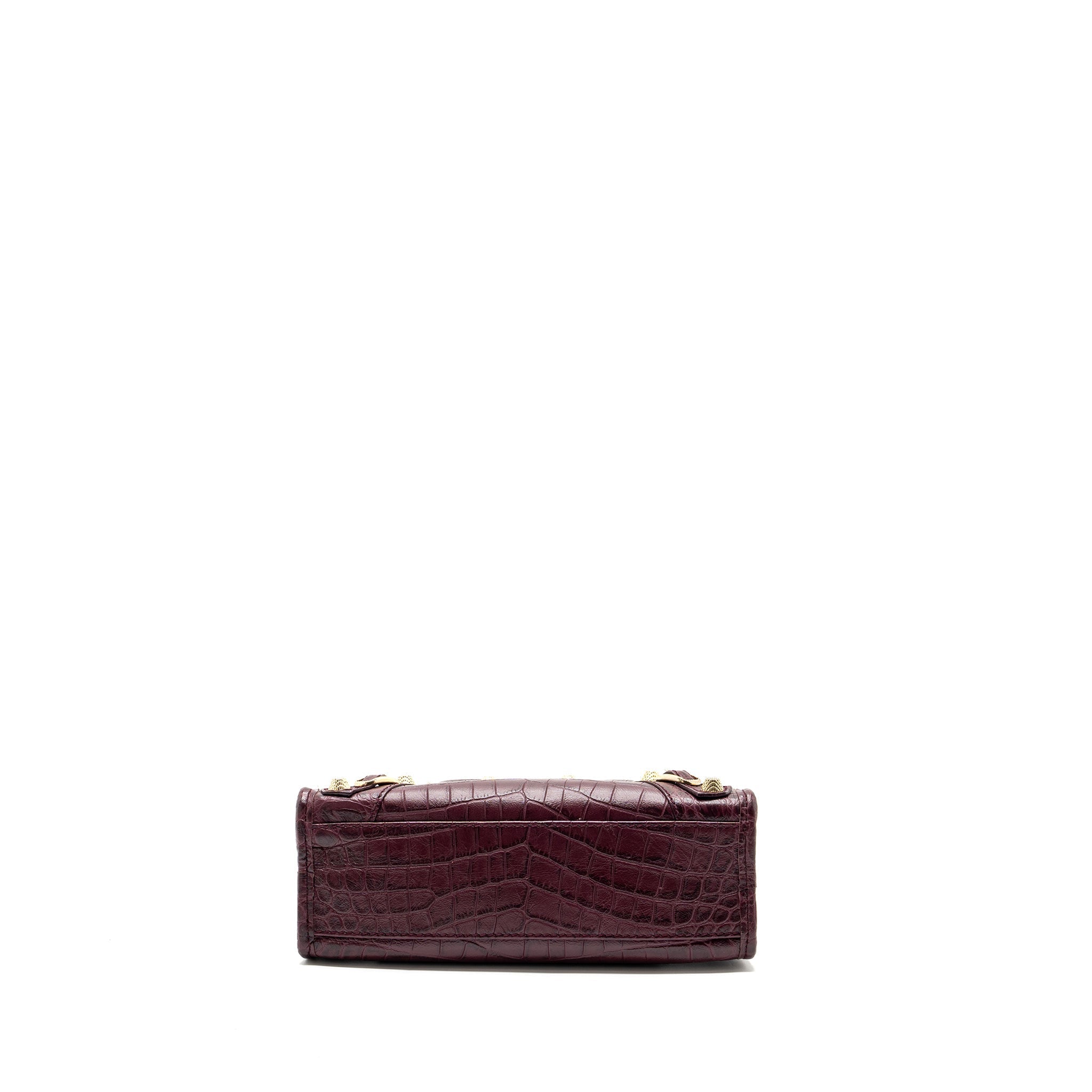 BALENCIAGA MINI CITY BAG CROC EMBOSSED CALFSKIN BURGUNDY GHW