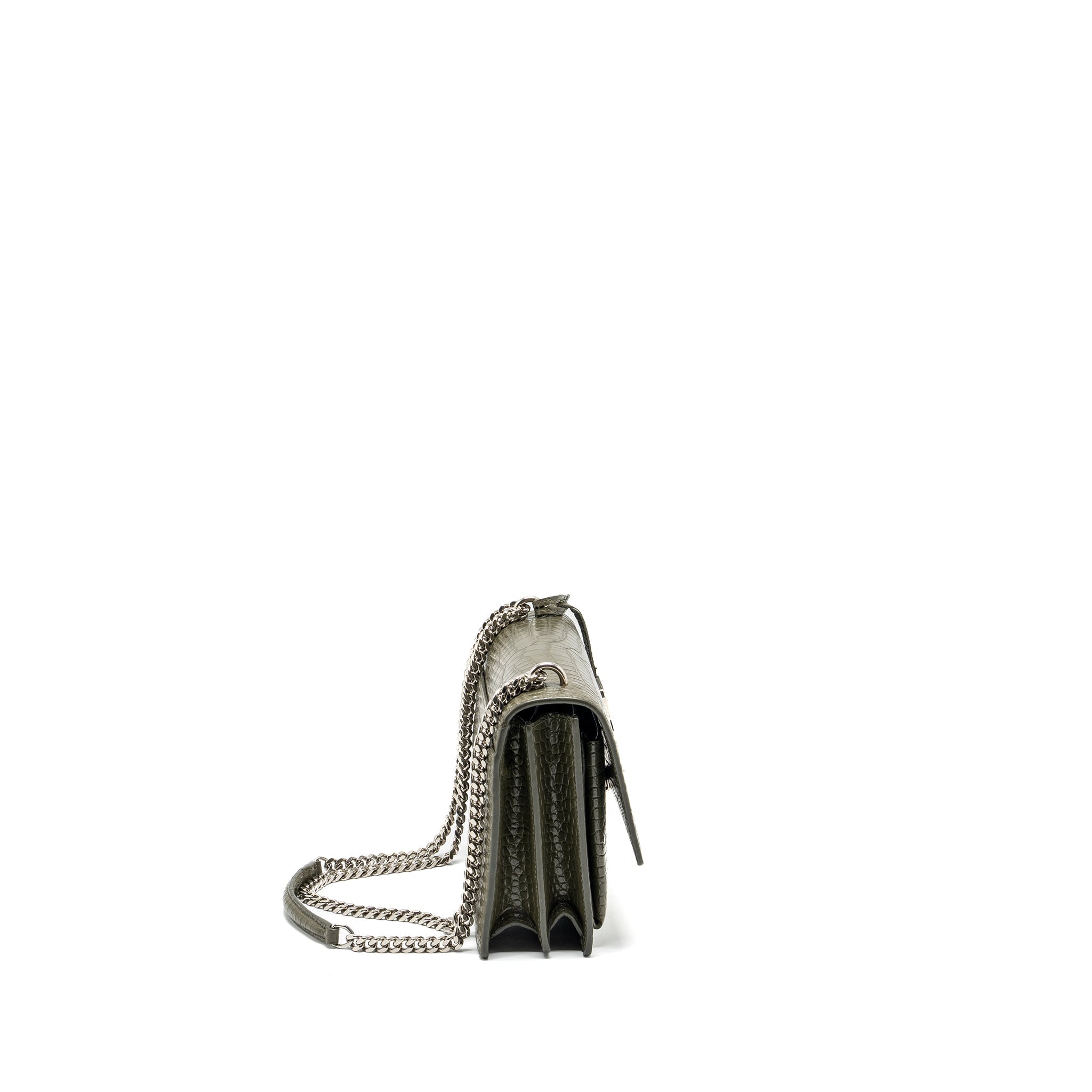 SAINT LAURENT/YSL SUNSET BAG CROC-EMBOSSED CALFSKIN KHAKI SHW