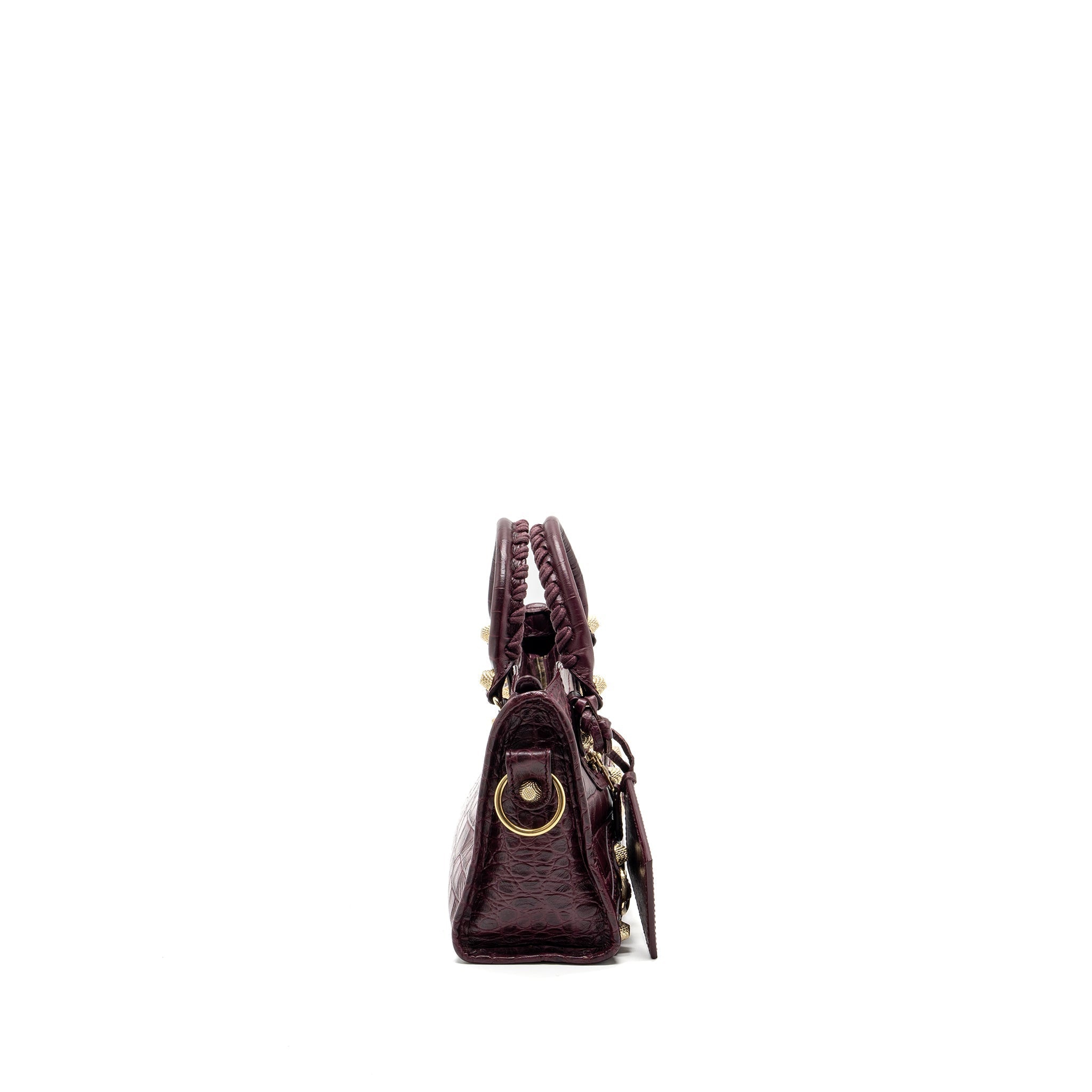 BALENCIAGA MINI CITY BAG CROC EMBOSSED CALFSKIN BURGUNDY GHW