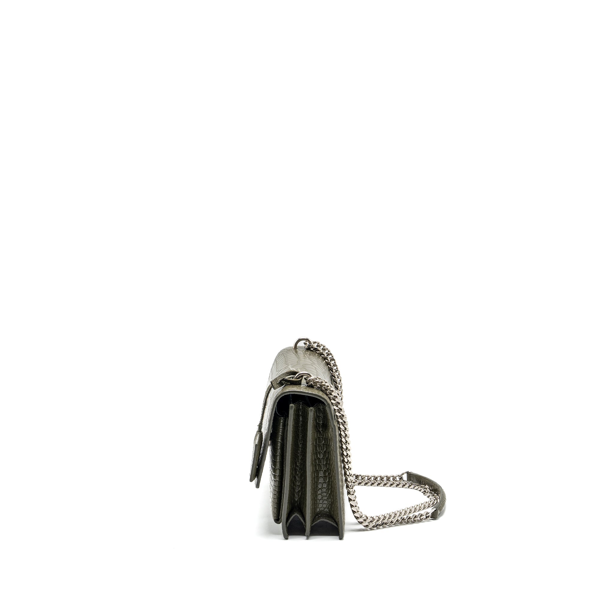 SAINT LAURENT/YSL SUNSET BAG CROC-EMBOSSED CALFSKIN KHAKI SHW
