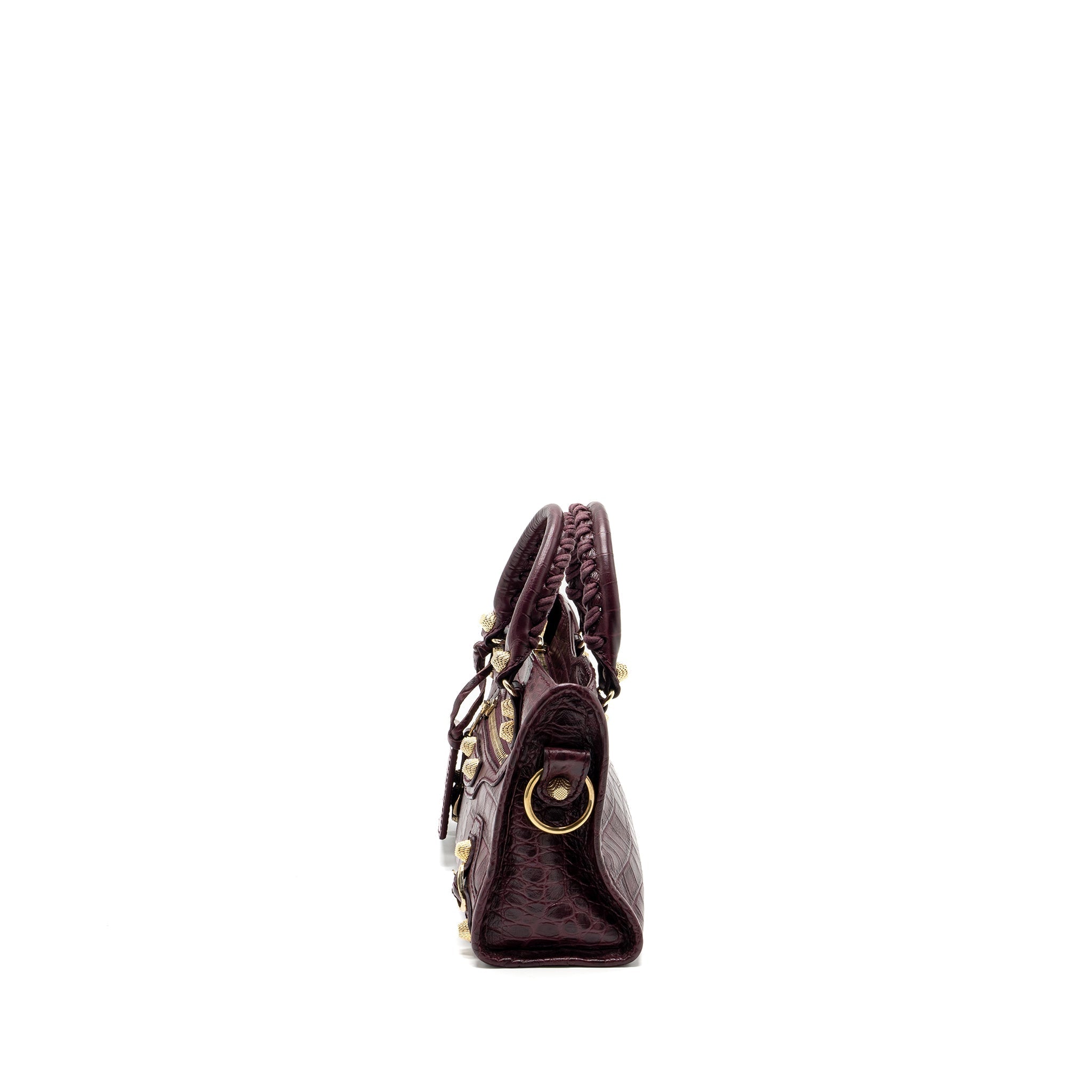 BALENCIAGA MINI CITY BAG CROC EMBOSSED CALFSKIN BURGUNDY GHW