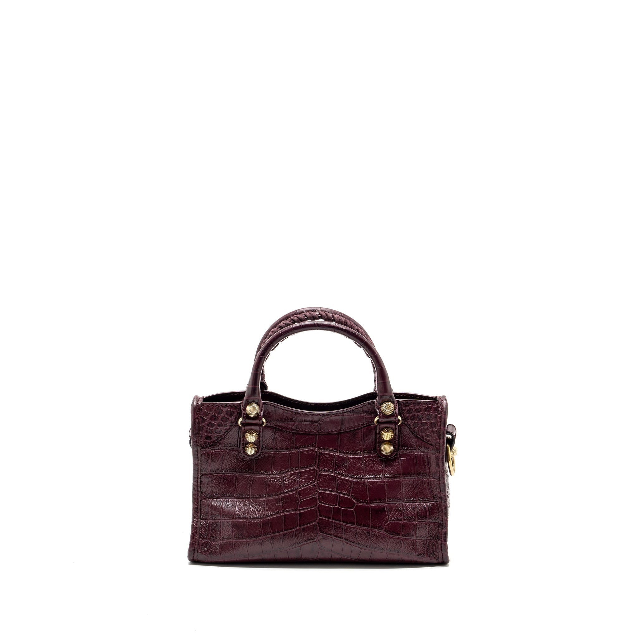 BALENCIAGA MINI CITY BAG CROC EMBOSSED CALFSKIN BURGUNDY GHW