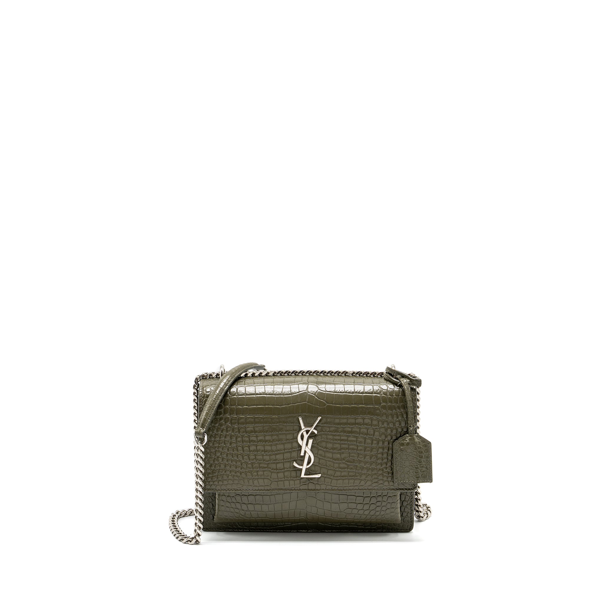 SAINT LAURENT/YSL SUNSET BAG CROC-EMBOSSED CALFSKIN KHAKI SHW