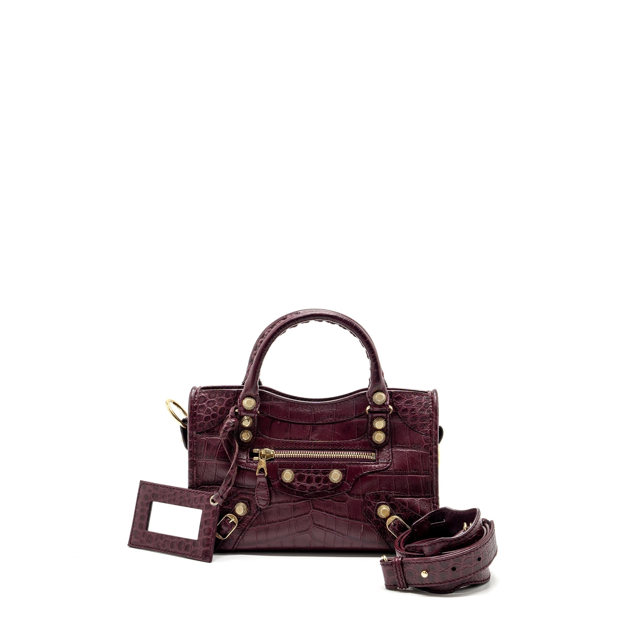 BALENCIAGA MINI CITY BAG CROC EMBOSSED CALFSKIN BURGUNDY GHW