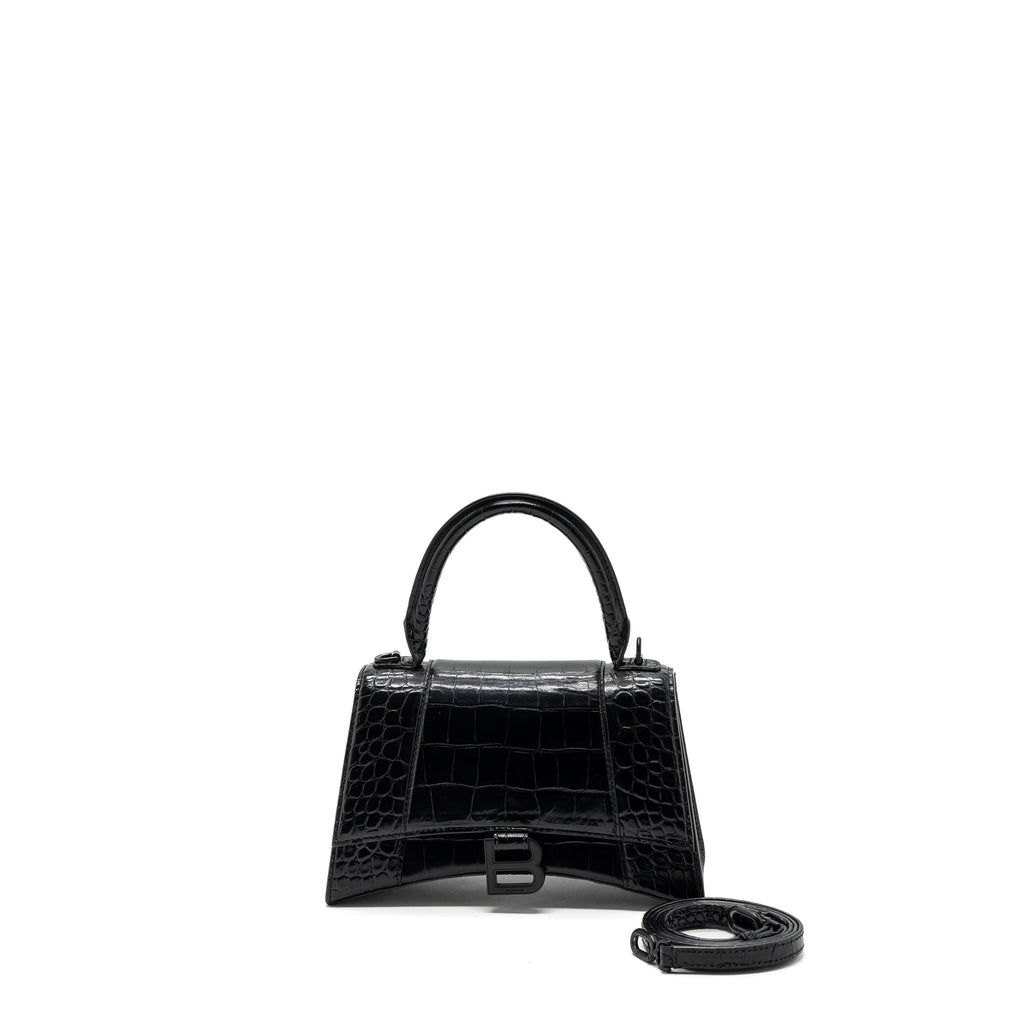 BALENCIAGA HOURGLASS S CROC-EMBOSSED CALFSKIN SO BLACK