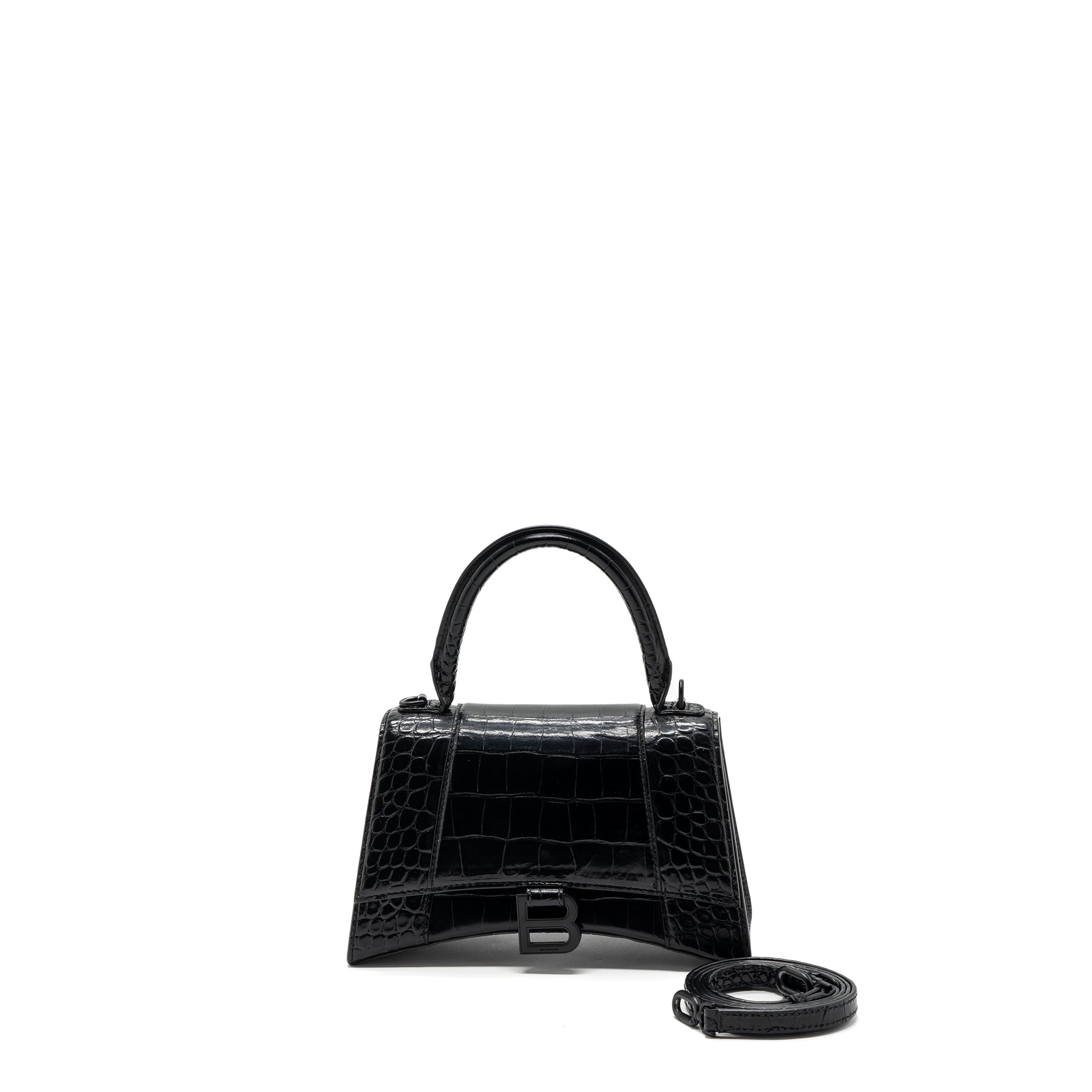 BALENCIAGA HOURGLASS S CROC-EMBOSSED CALFSKIN SO BLACK