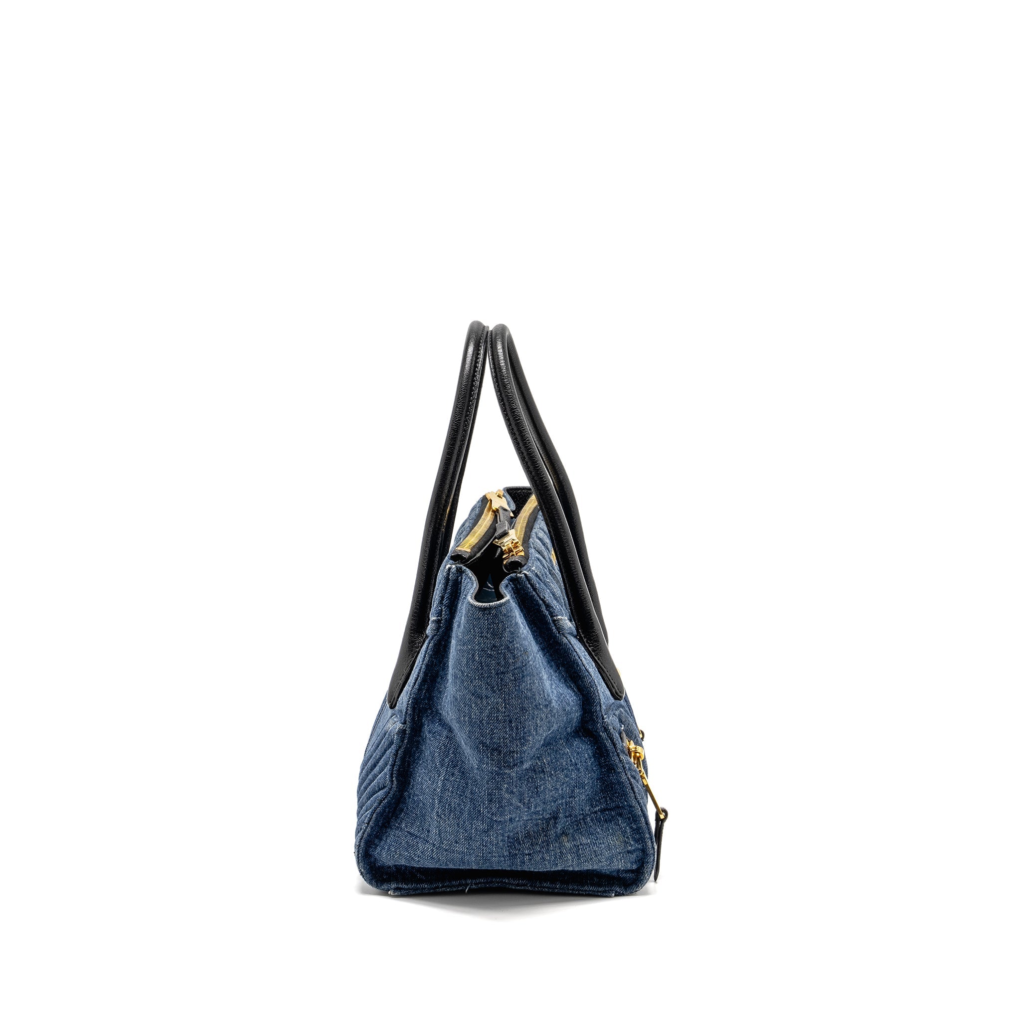 MIU MIU SMALL BIKER TOP HANDLE SATCHEL DENIM NAVY BLUE GHW
