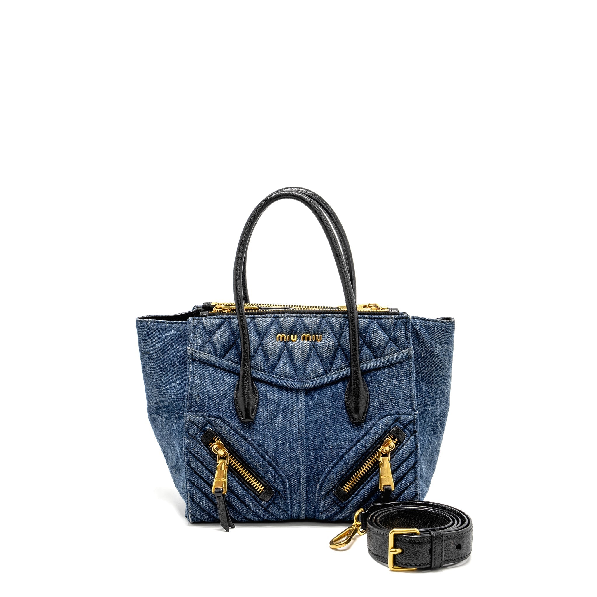 MIU MIU SMALL BIKER TOP HANDLE SATCHEL DENIM NAVY BLUE GHW