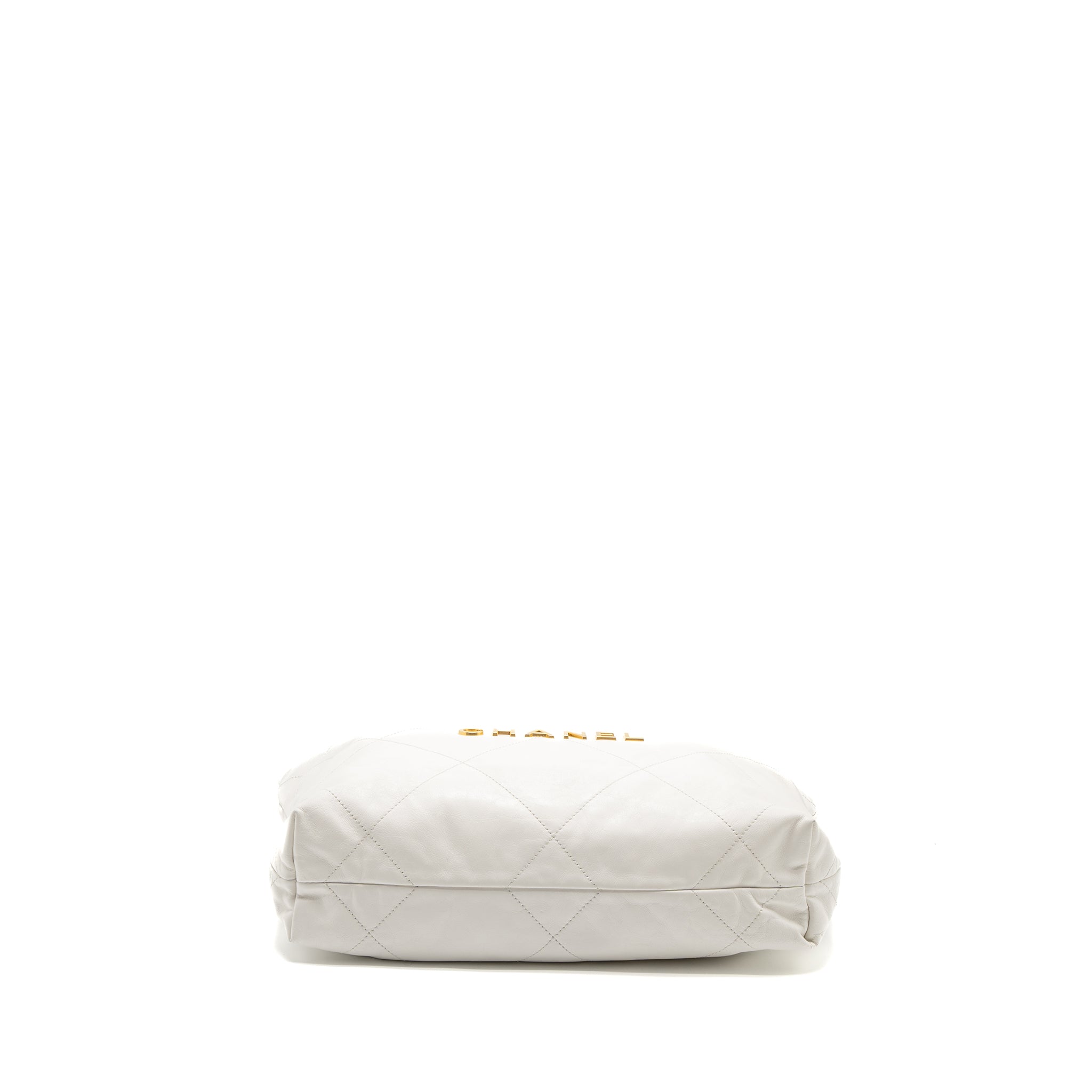 CHANEL SMALL 22 BAG GOLD LETTER SHINY CALFSKIN WHITE BRUSHED GHW (MICROCHIP)