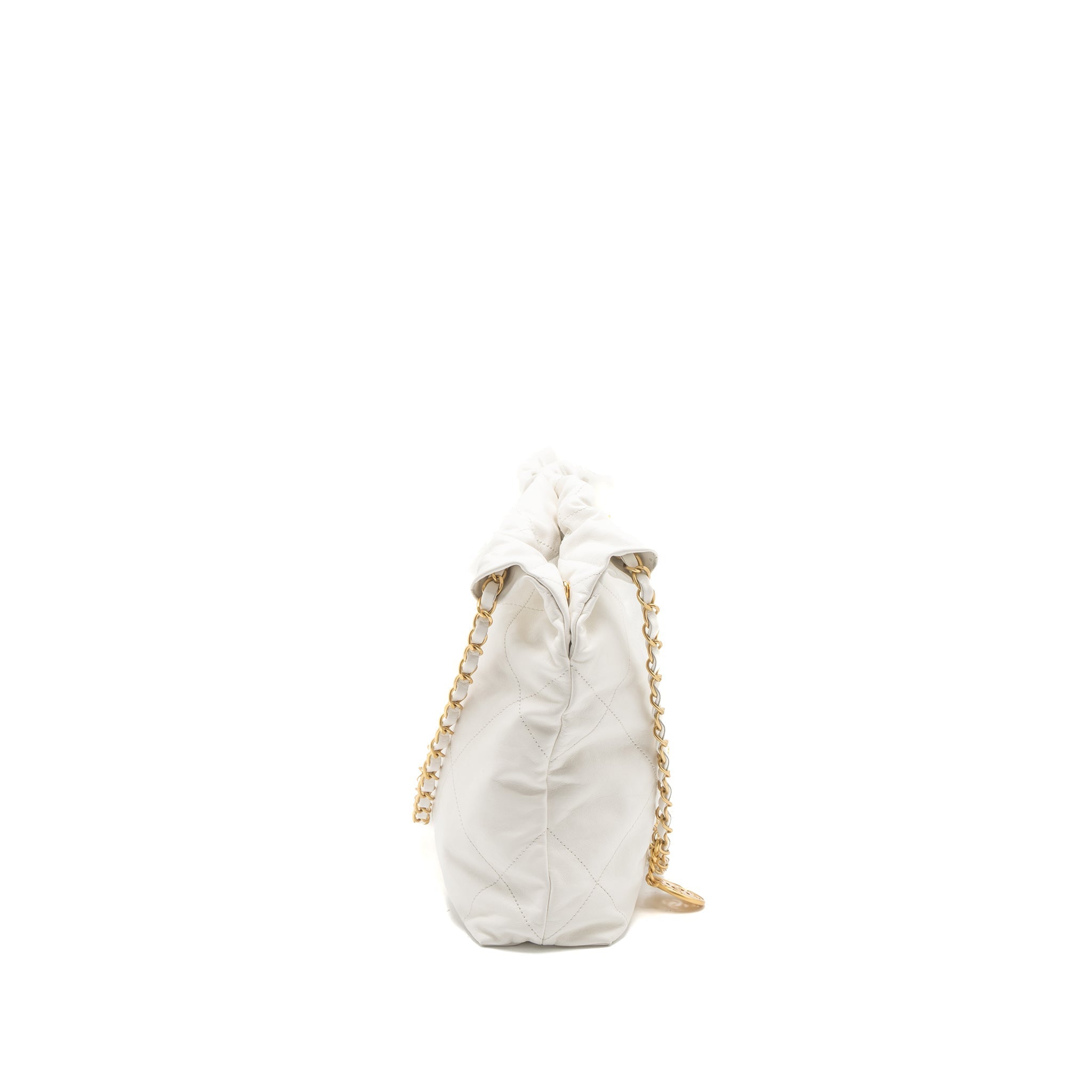 CHANEL SMALL 22 BAG GOLD LETTER SHINY CALFSKIN WHITE BRUSHED GHW (MICROCHIP)