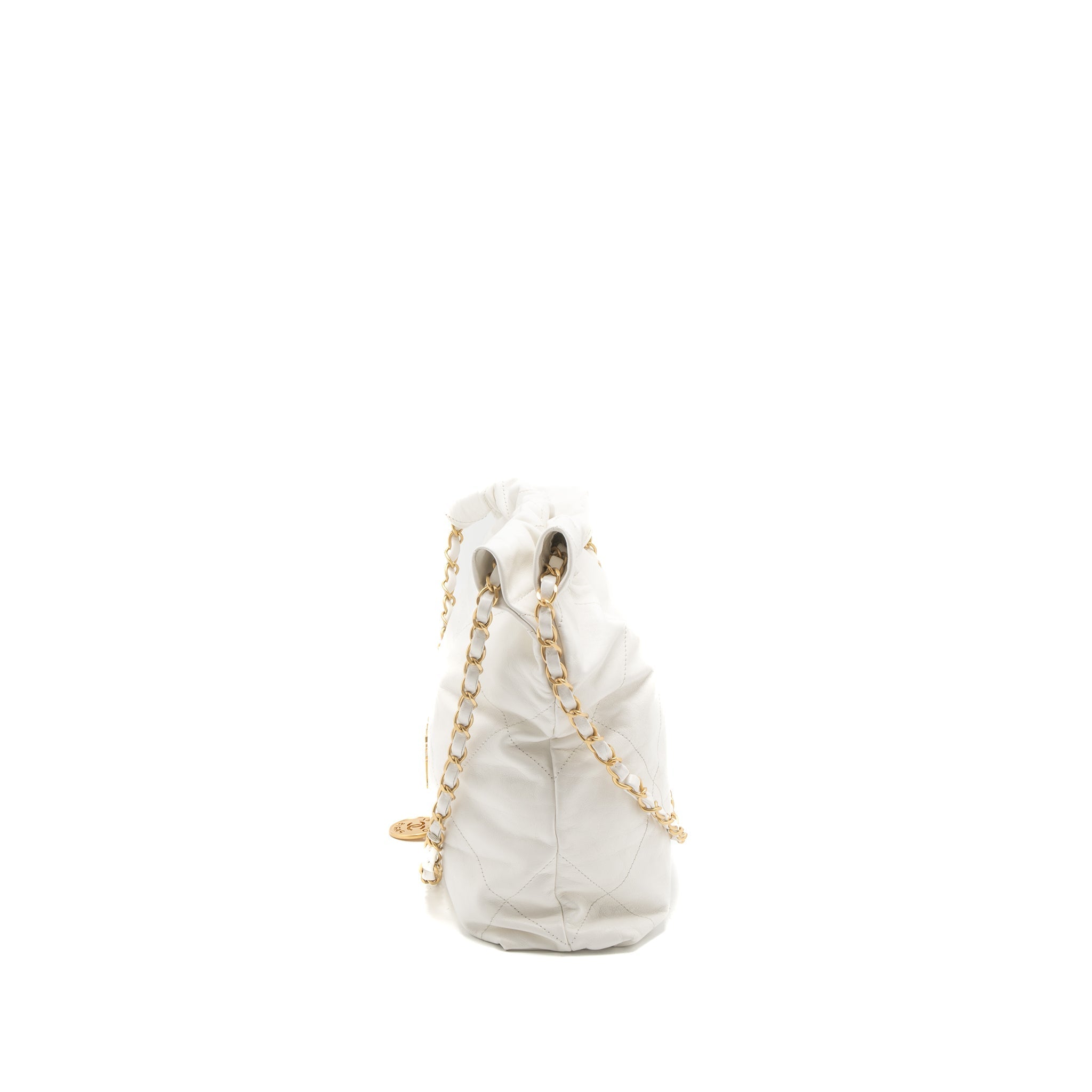 CHANEL SMALL 22 BAG GOLD LETTER SHINY CALFSKIN WHITE BRUSHED GHW (MICROCHIP)