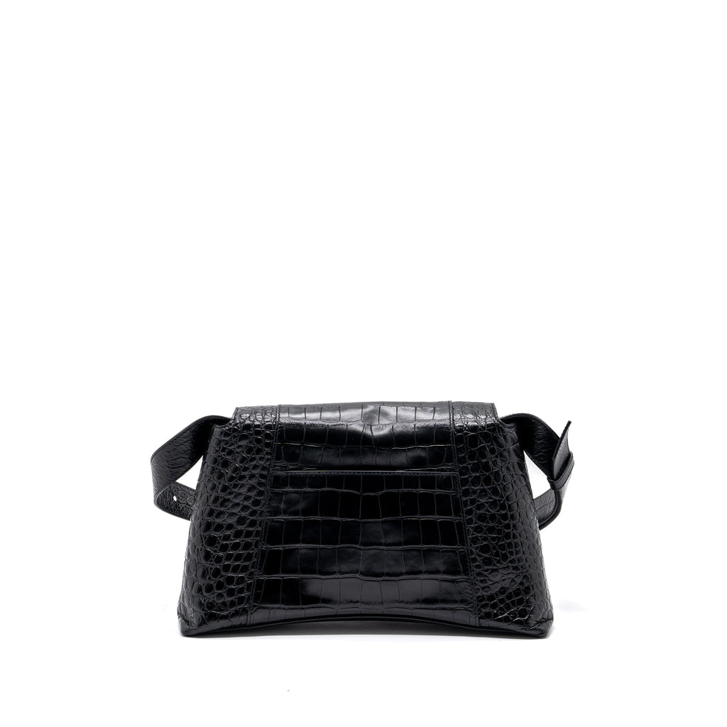 BALENCIAGA DOWNTOWN SMALL SHOUDLER BAG CROCODILE EMBOSSED BLACK WITH BLACK HARDWARE