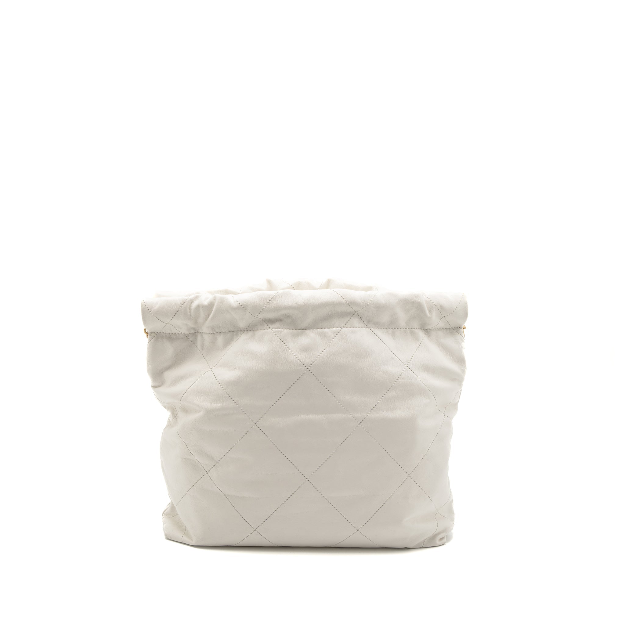 CHANEL SMALL 22 BAG GOLD LETTER SHINY CALFSKIN WHITE BRUSHED GHW (MICROCHIP)