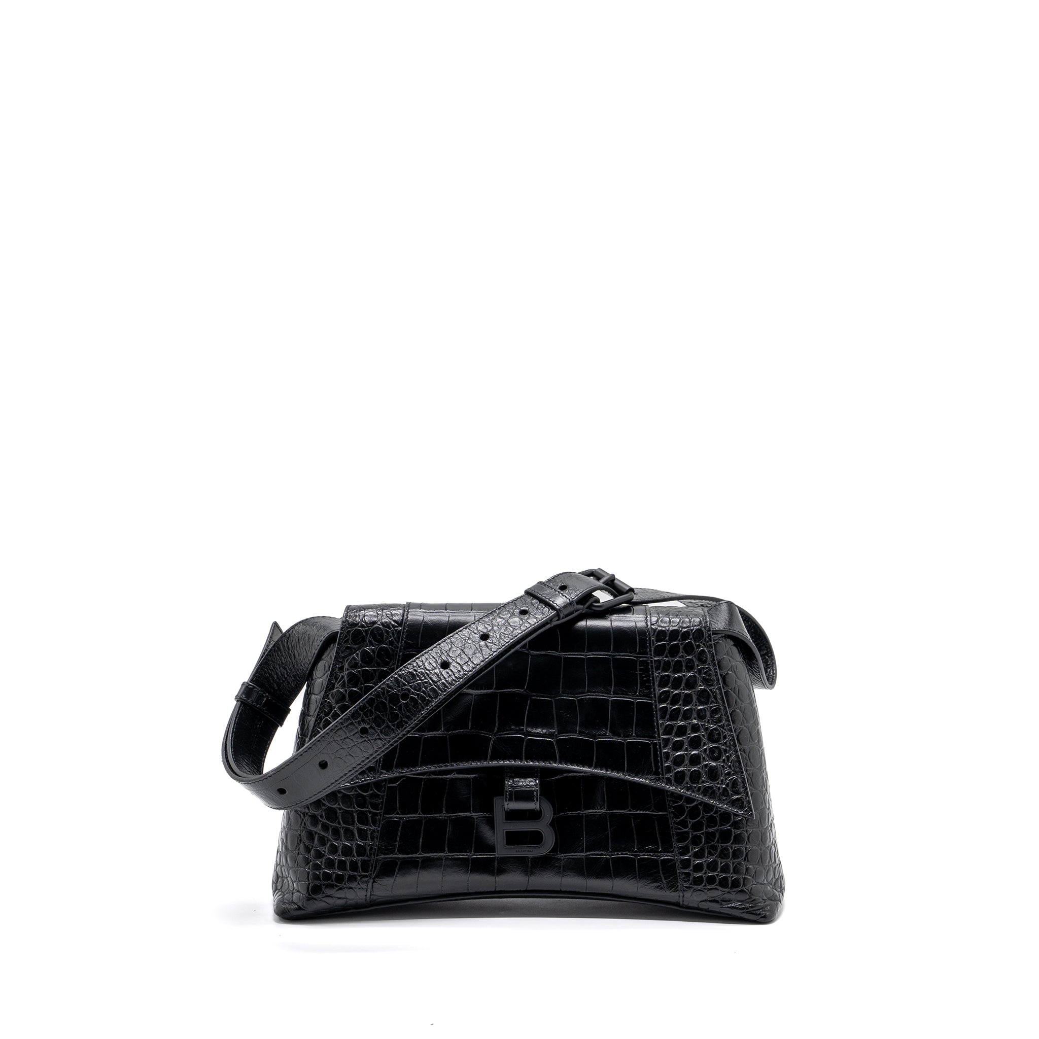 BALENCIAGA DOWNTOWN SMALL SHOUDLER BAG CROCODILE EMBOSSED BLACK WITH BLACK HARDWARE
