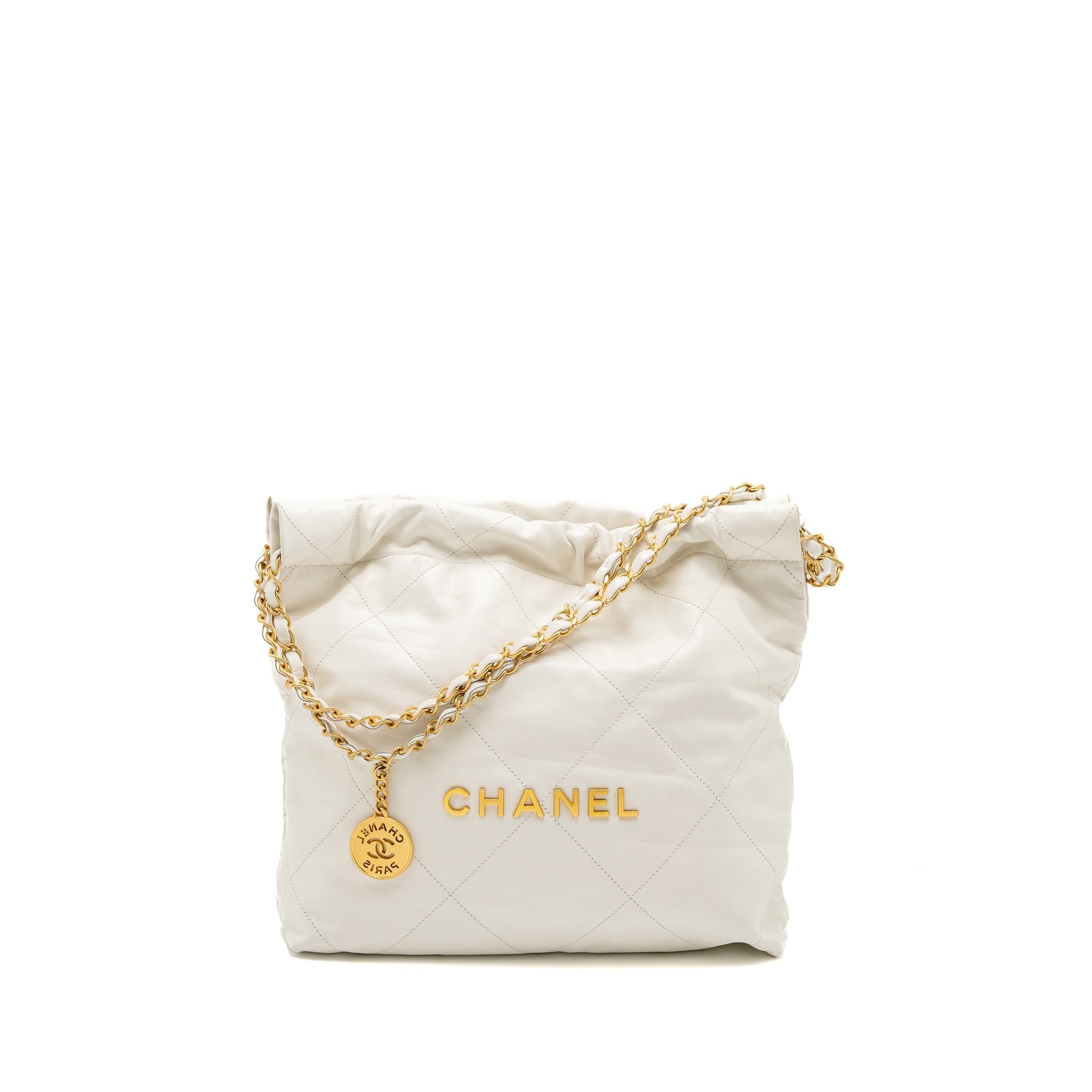 CHANEL SMALL 22 BAG GOLD LETTER SHINY CALFSKIN WHITE BRUSHED GHW (MICROCHIP)