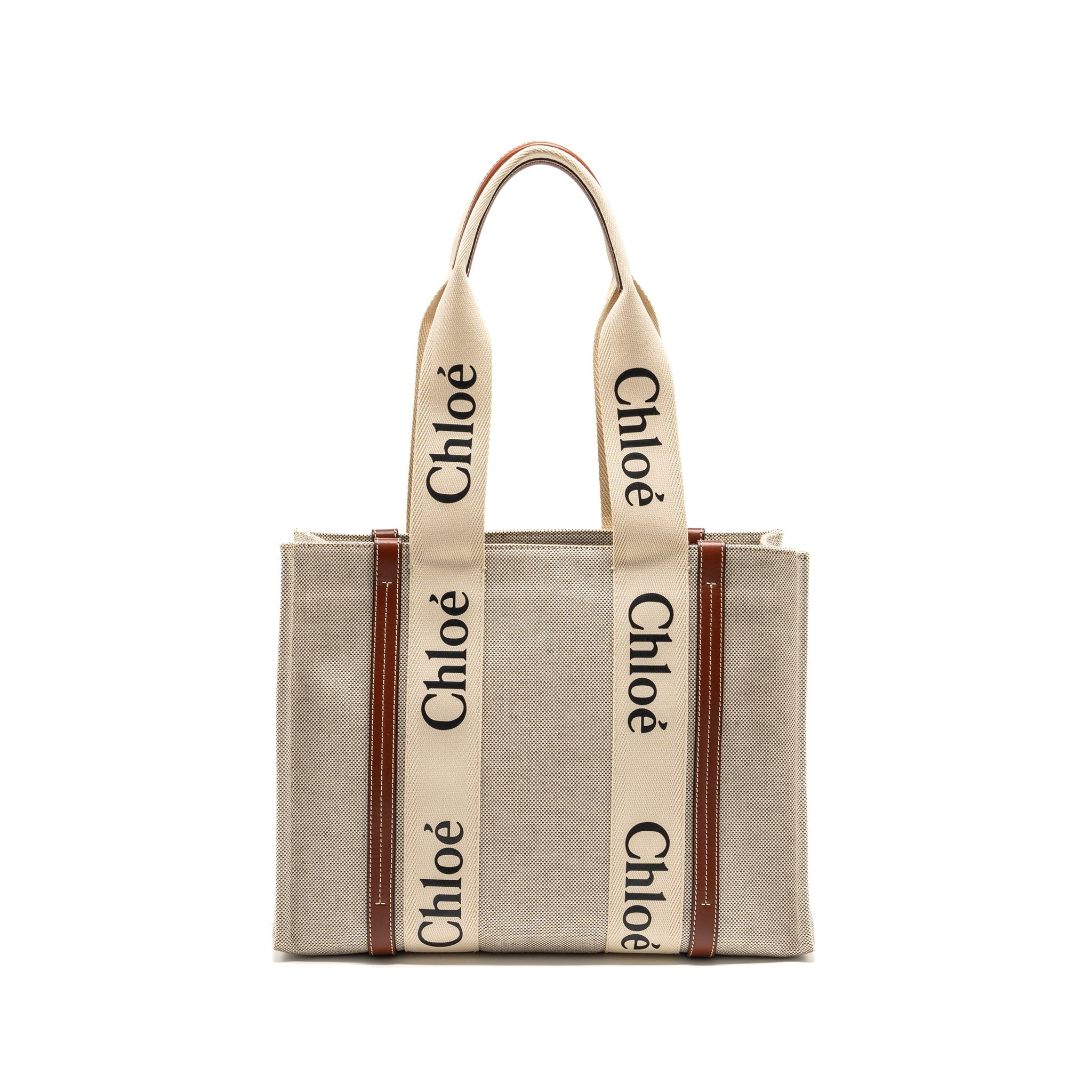 CHLOE WOODY TOTE BAG CANVAS IVORY / BROWN