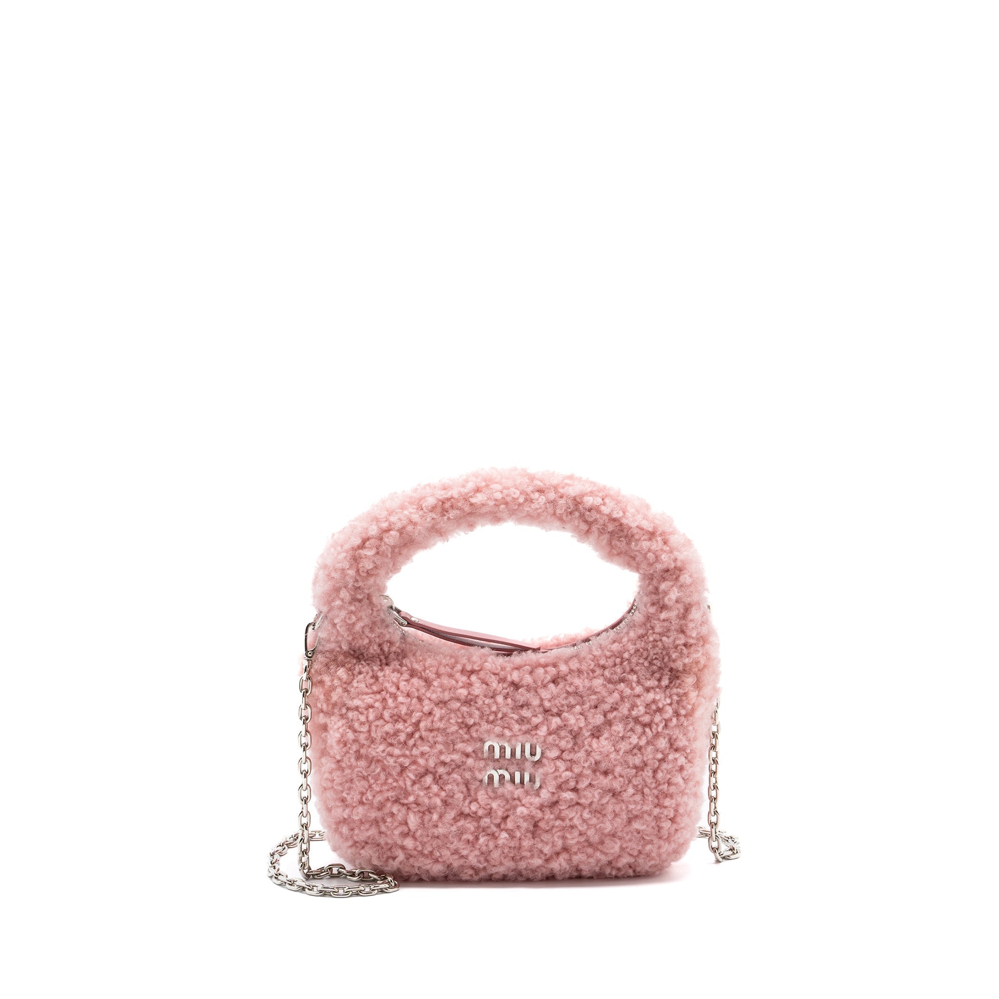 MIU MIU WANDER MATELASSÉ MINI HOBO BAG SHEARLING LIGHT PINK SHW