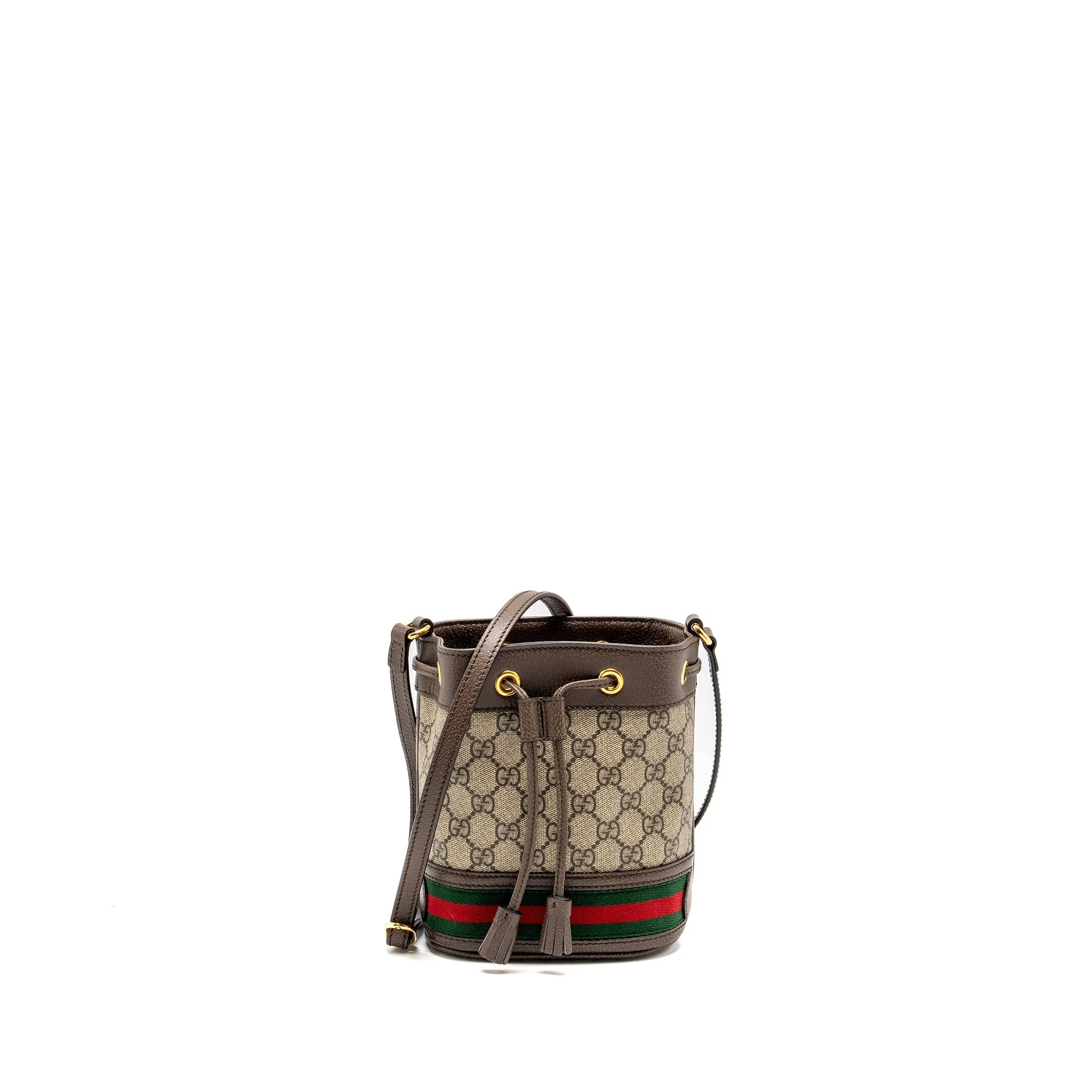 GUCCI OPHIDA MINI BUCKET BAG GG SUPREME CANVAS BEIGE / EBONY GHW