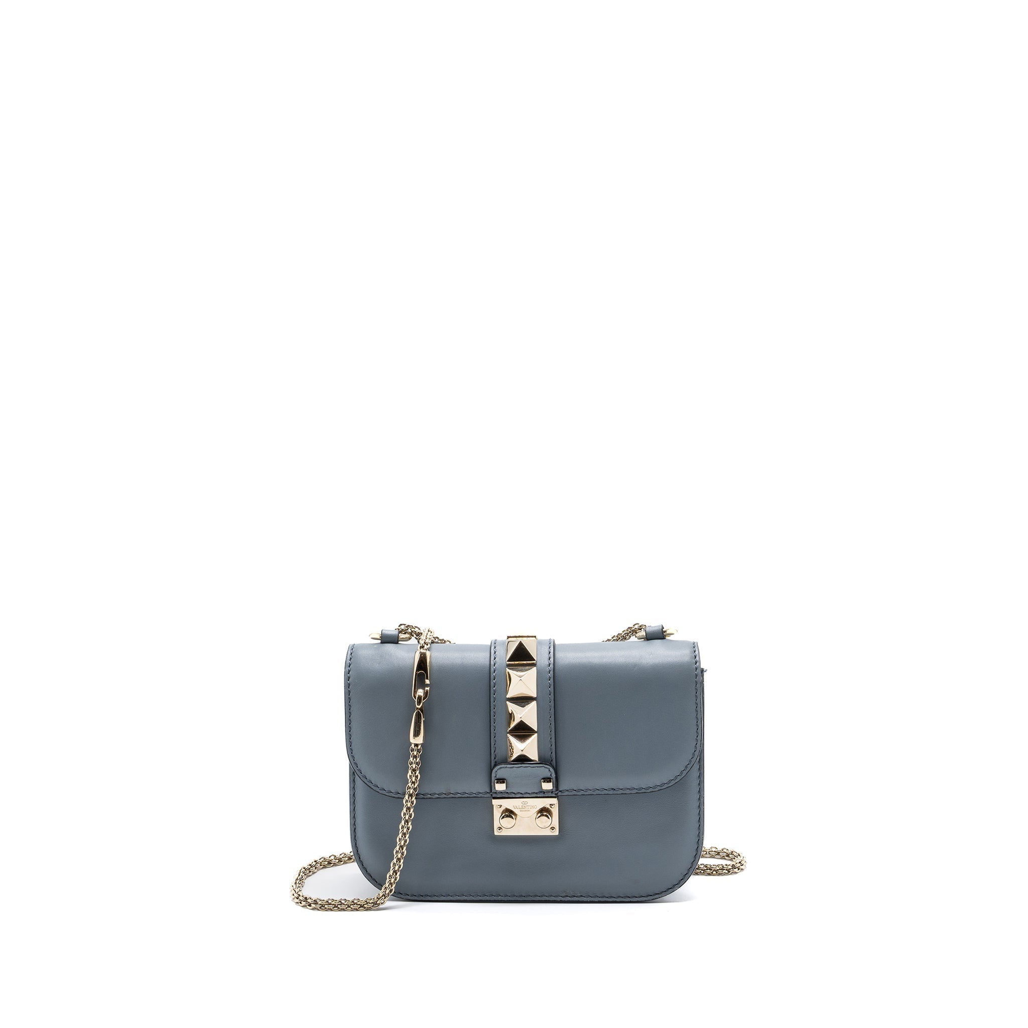 VALENTINO GARAVANI ROCKSTUD GLAM LOCK CHAIN BAG LEATHER LIGHT BLUE LGHW