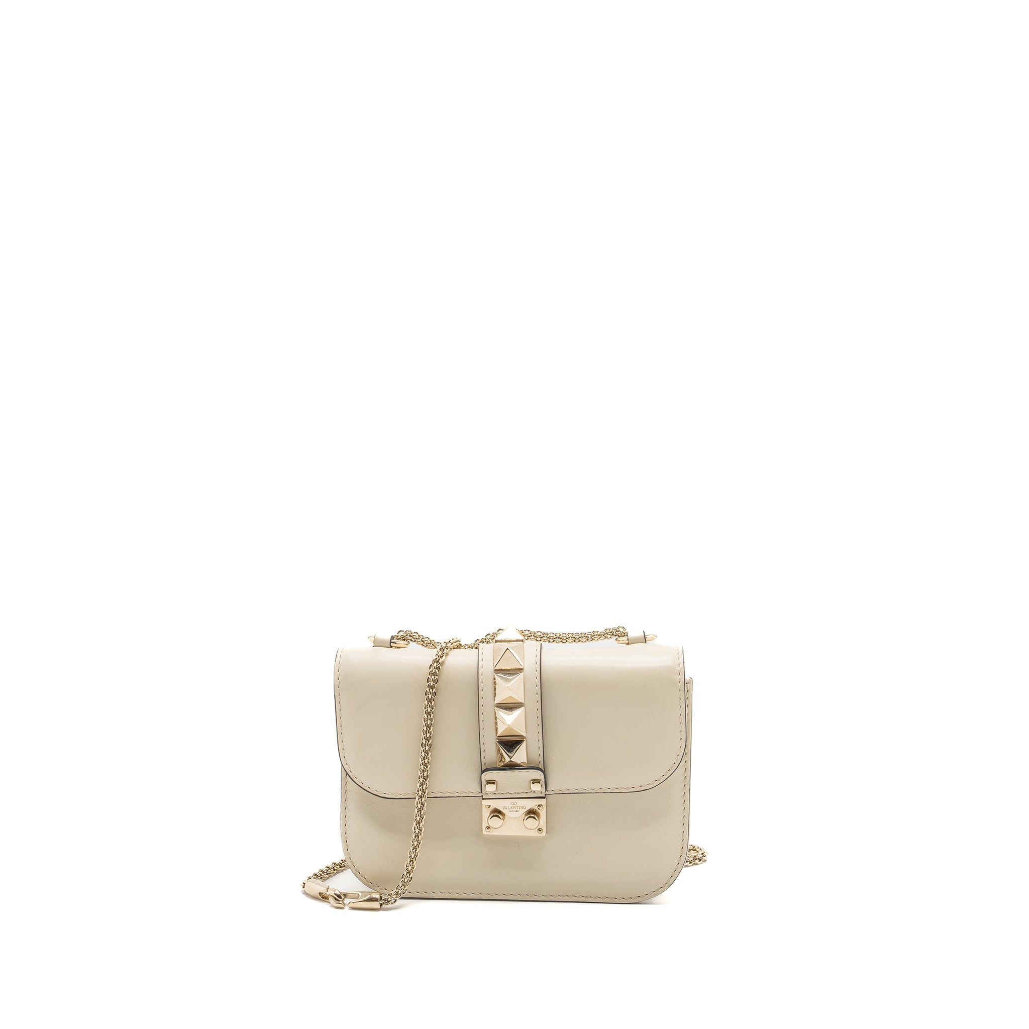 VALENTINO GARAVANI ROCKSTUD GLAM LOCK CHAIN BAG LEATHER WHITE LGHW