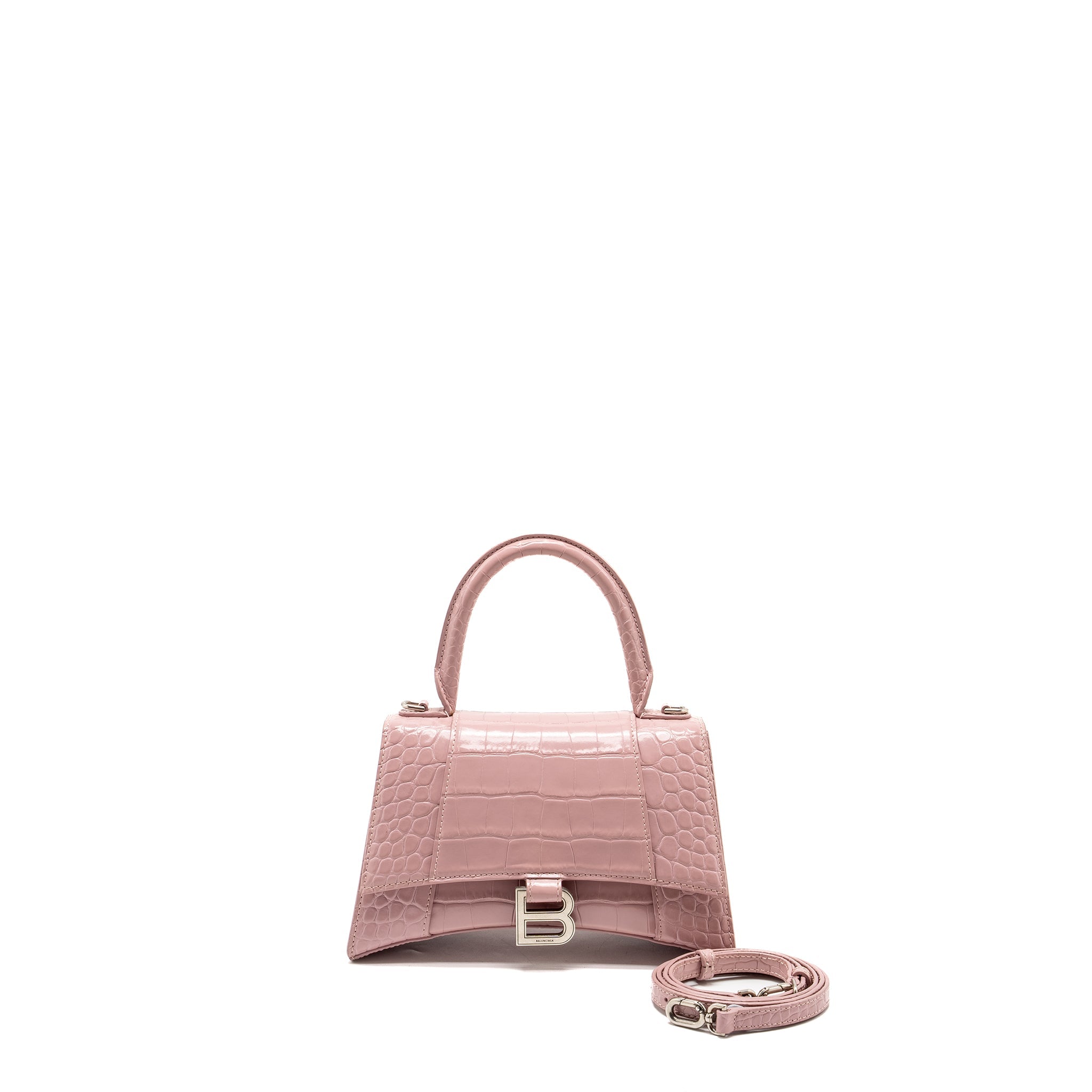 BALENCIAGA HOURGLASS S CROC-EMBOSSED CALFSKIN PINK SHW
