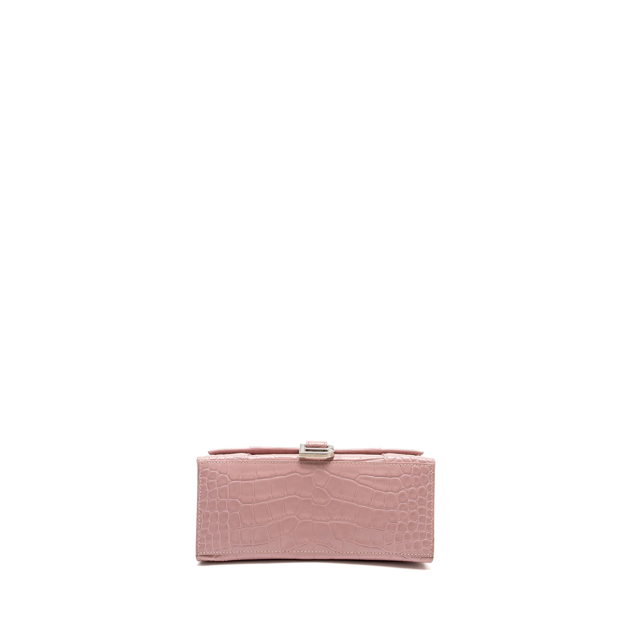 BALENCIAGA HOURGLASS S CROC-EMBOSSED CALFSKIN PINK SHW