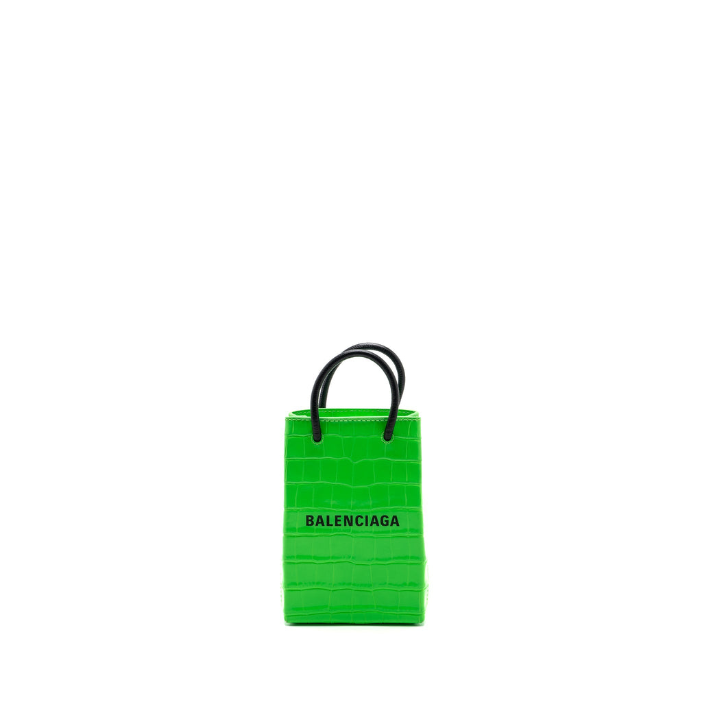 BALENCIAGA SHOPPING IPHONE HOLDER CROC-EMBOSSED LEATHER GREEN/BLACK SHW