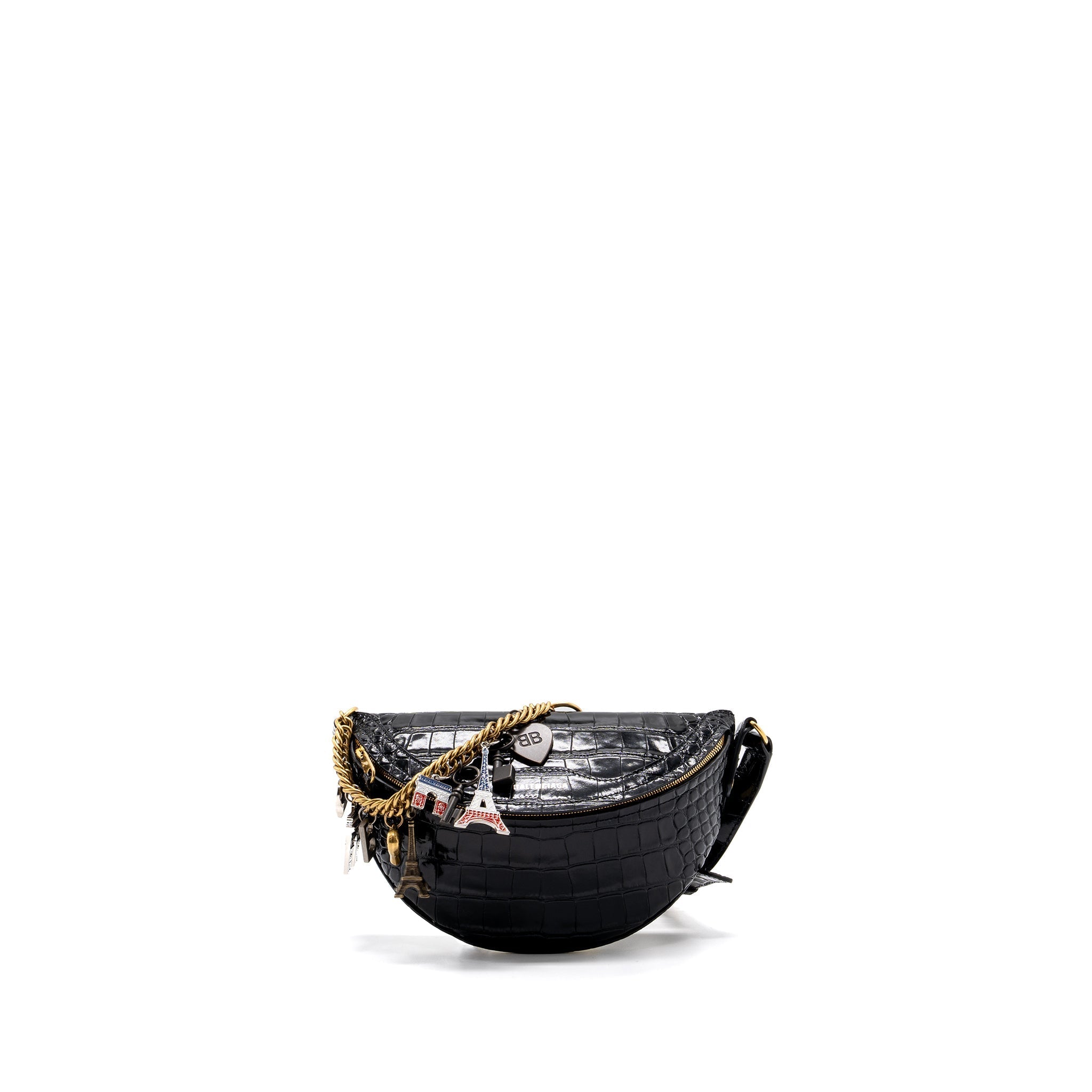 BALENCIAGA SOUVENIR BELT BAG CROC-EMBOSSED CALFSKIN BLACK GHW