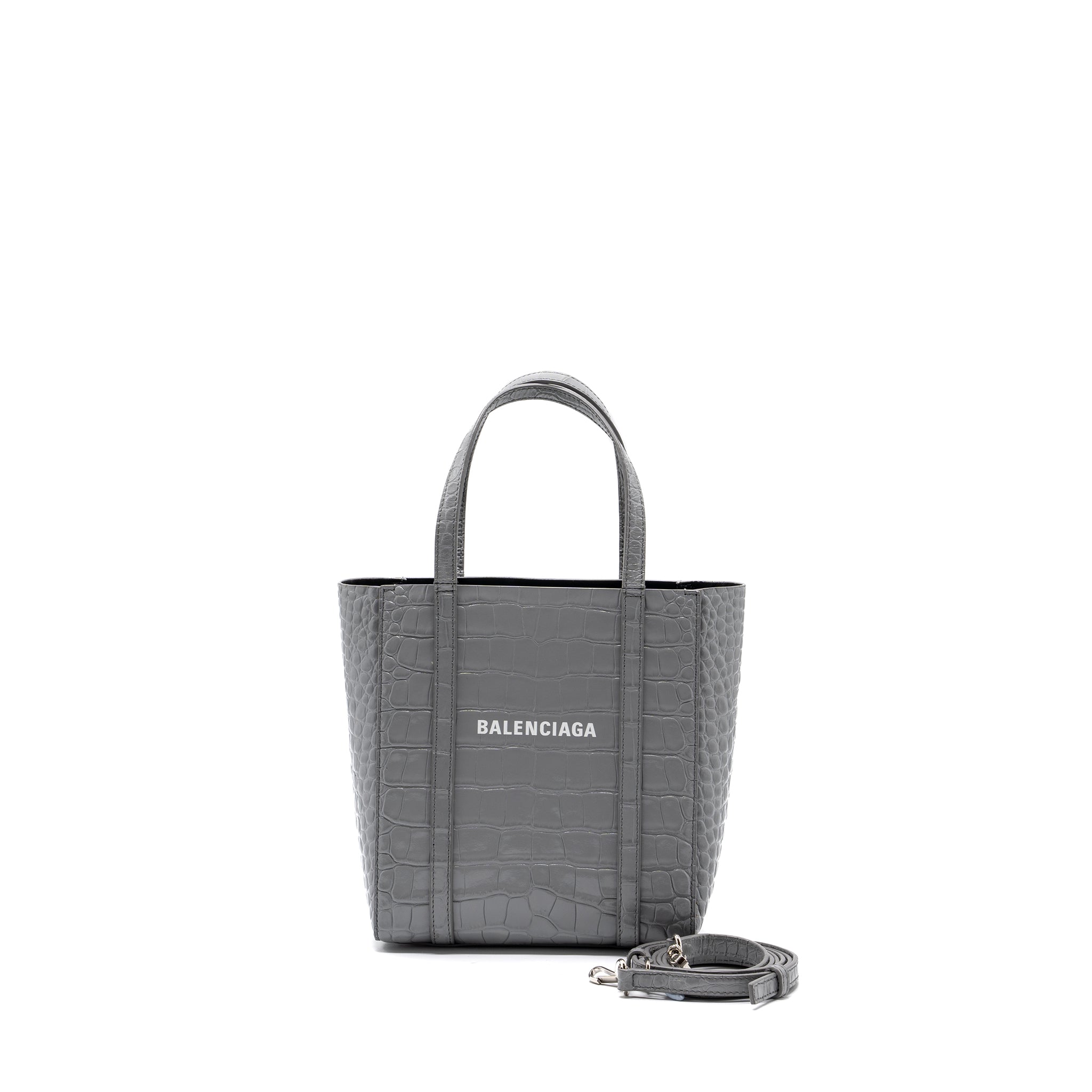 BALENCIAGA XXS EVERYDAY TOTE BAG CROC-EMBOSSED CALFSKIN GREY SHW
