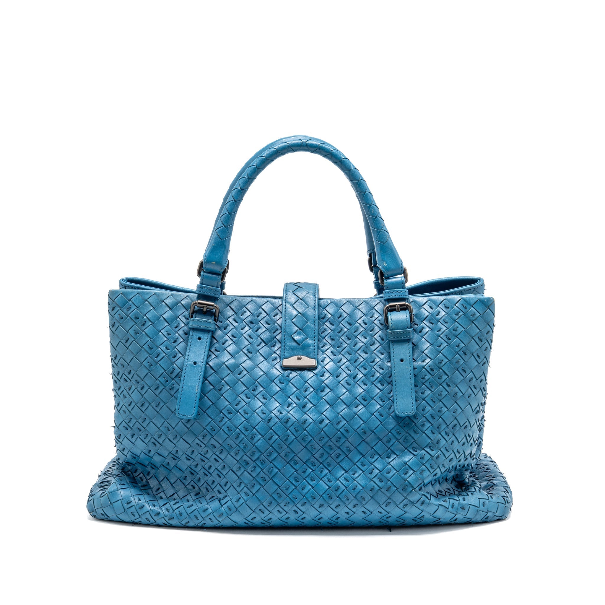 BOTTEGA VENETA INTRECCIATO ROMA LARGE TOTE BAG LEATHER BLUE BLACK HARDWARE