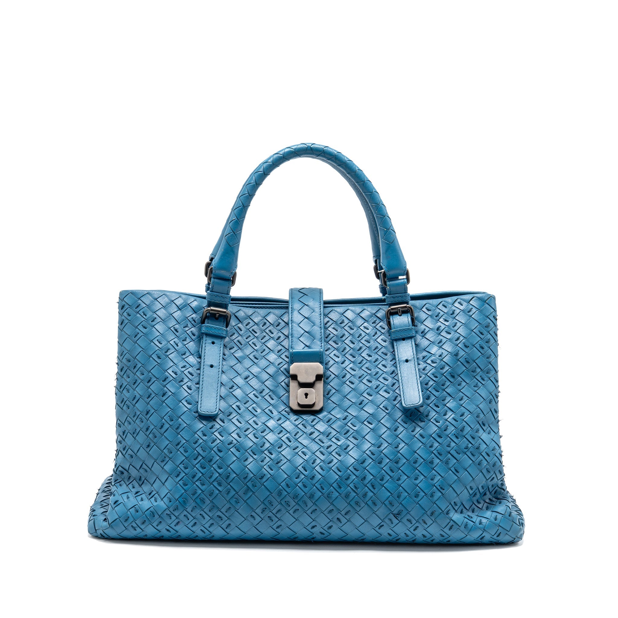 BOTTEGA VENETA INTRECCIATO ROMA LARGE TOTE BAG LEATHER BLUE BLACK HARDWARE