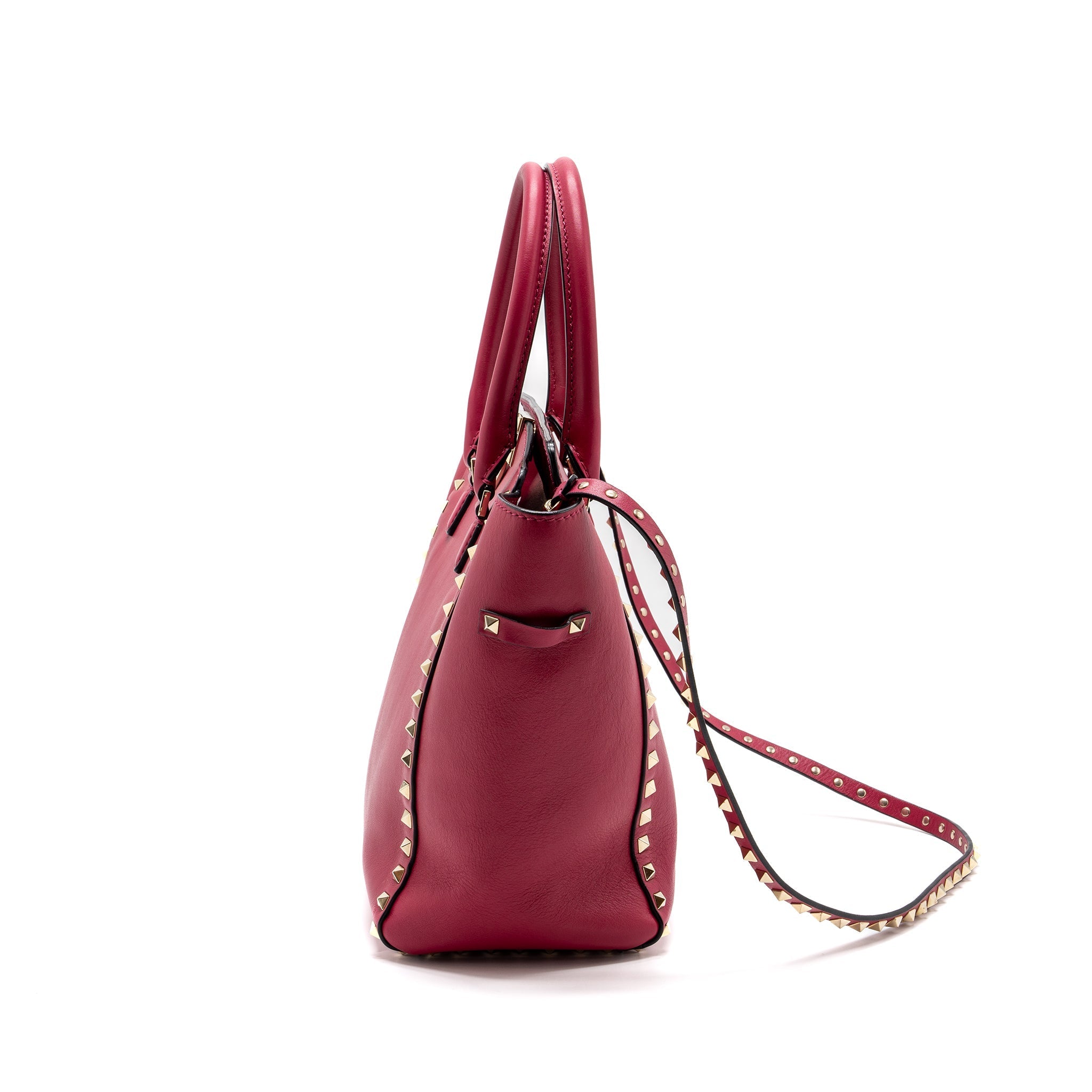 VALENTINO MEDIUM ROCKSTUD DOUBLE HANDLE TOP BAG CALFSKIN PINK LGHW