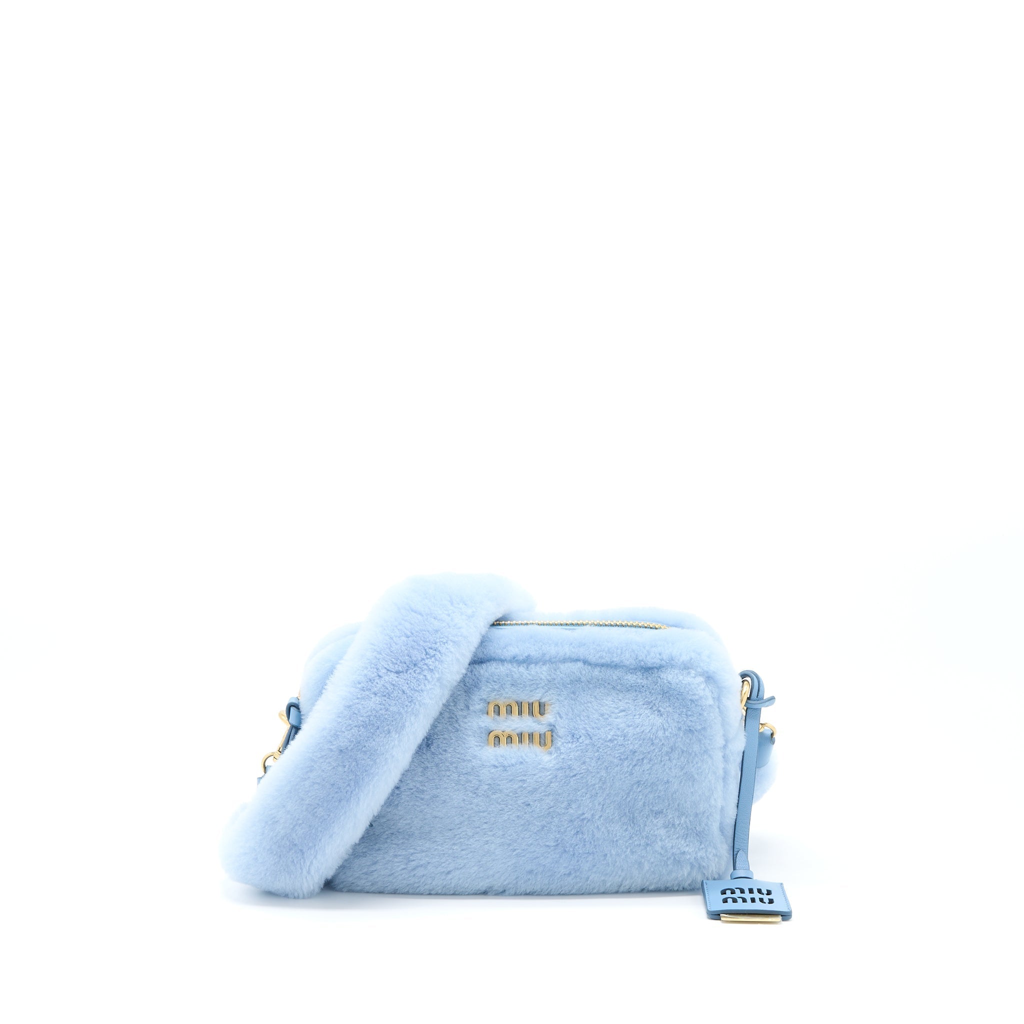 MIU MIU TOP HANDLE CROSSBODY CAMERA BAG SHEARLING LIGHT BLUE GHW