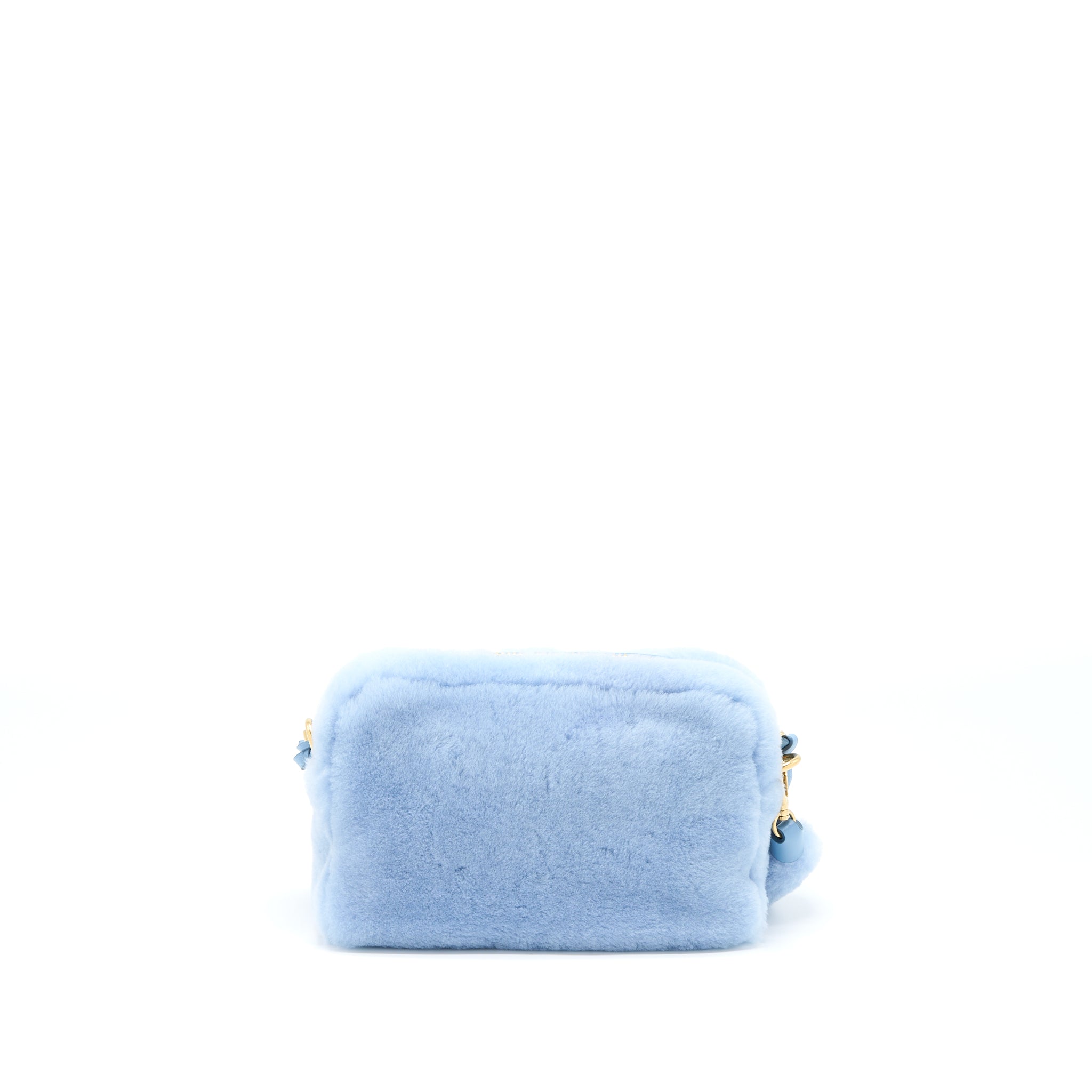 MIU MIU TOP HANDLE CROSSBODY CAMERA BAG SHEARLING LIGHT BLUE GHW